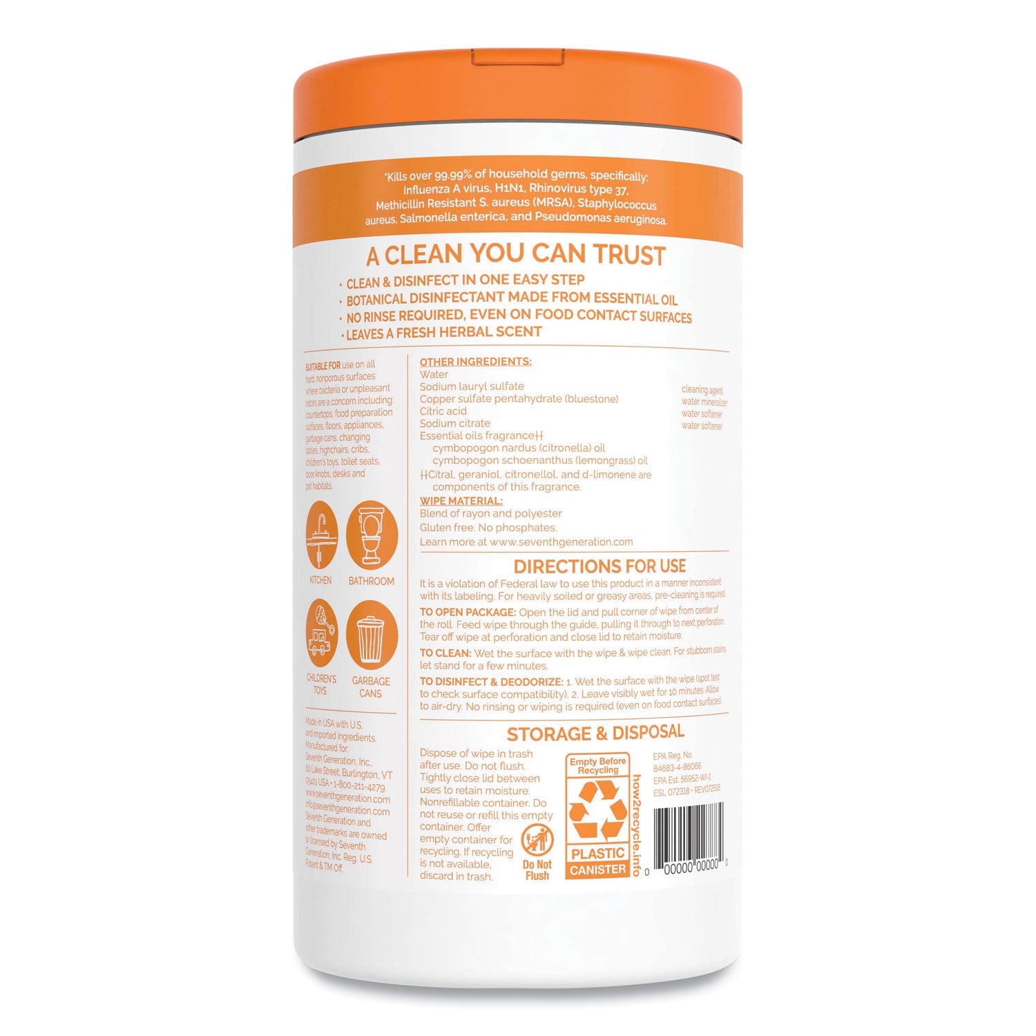 Botanical Disinfecting Wipes, 7 x 8, Lemongrass Citrus, 70 Count, 6/Carton -