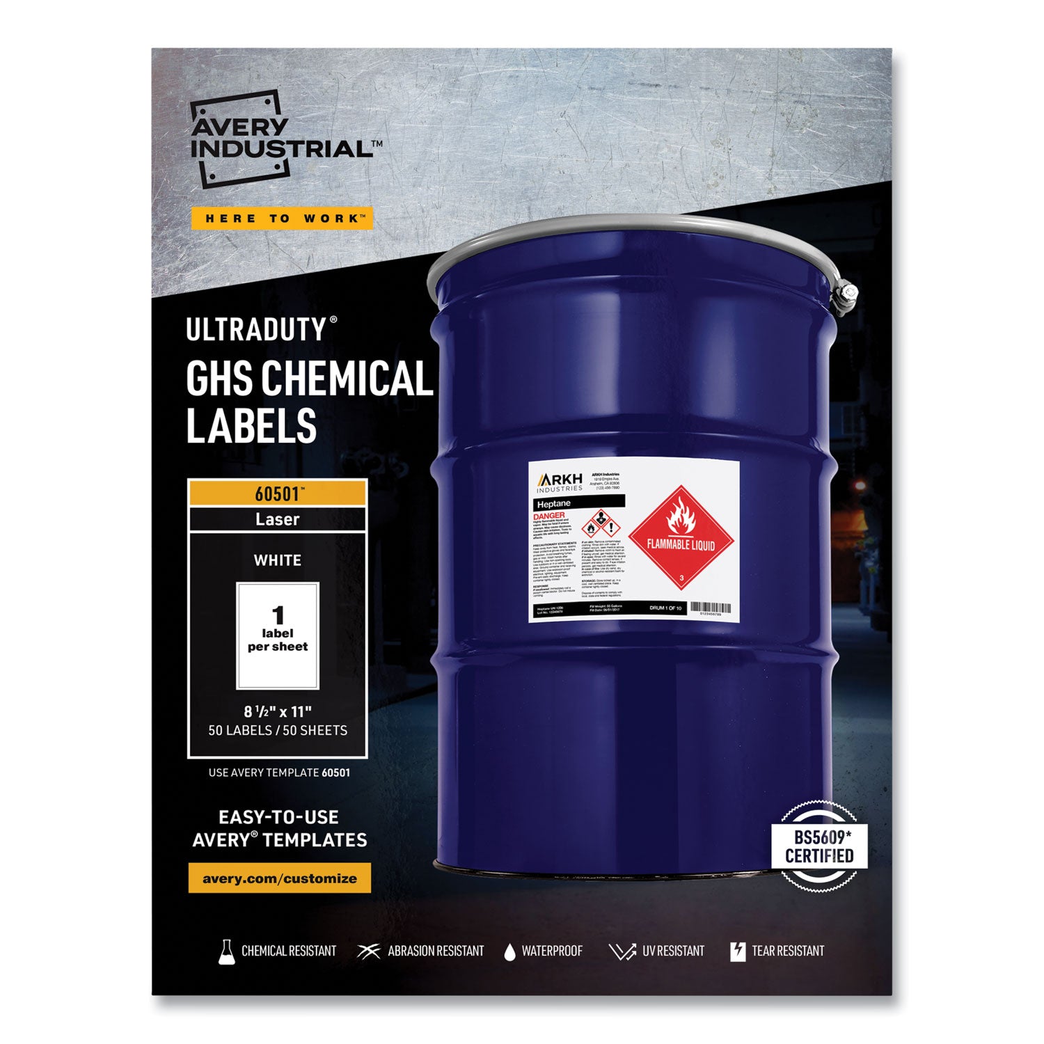 UltraDuty GHS Chemical Waterproof and UV Resistant Labels, 8.5 x 11, White, 50/Box -