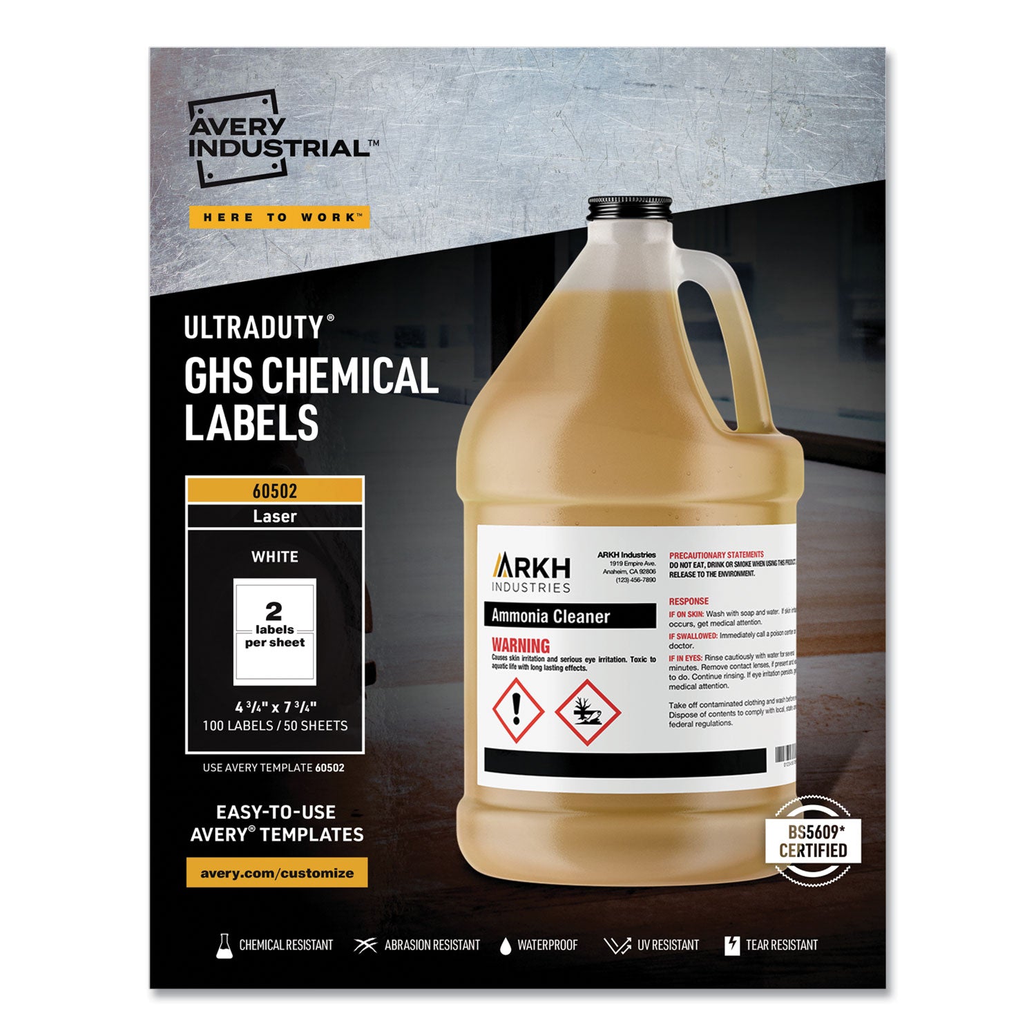 UltraDuty GHS Chemical Waterproof and UV Resistant Labels, 4.75 x 7.75, White, 2/Sheet, 50 Sheets/Box -