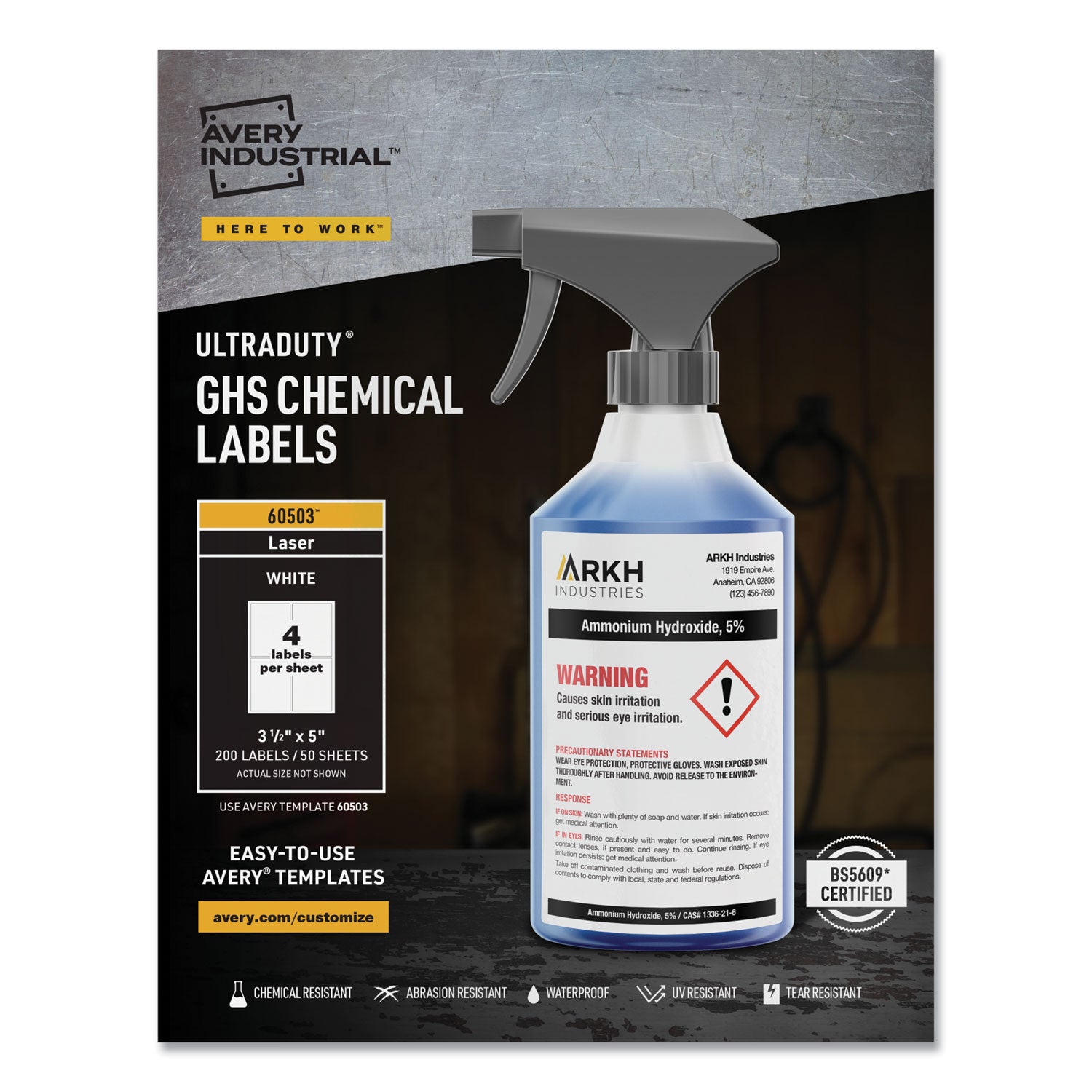 UltraDuty GHS Chemical Waterproof and UV Resistant Labels, 3.5 x 5, White, 4/Sheet, 50 Sheets/Box -