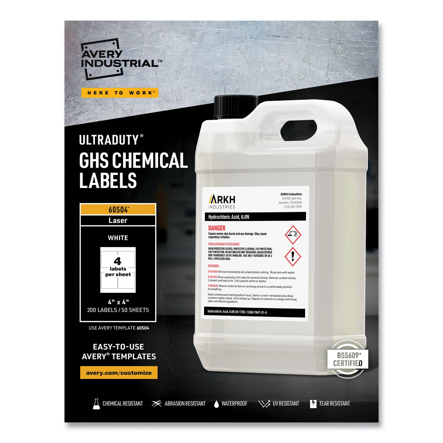 UltraDuty GHS Chemical Waterproof and UV Resistant Labels, 4 x 4, White, 4/Sheet, 50 Sheets/Box -