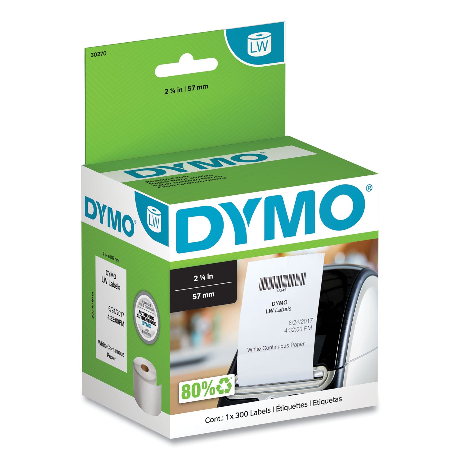 LabelWriter Continuous-Roll Receipt Paper, 2.25" x 300 ft, White -