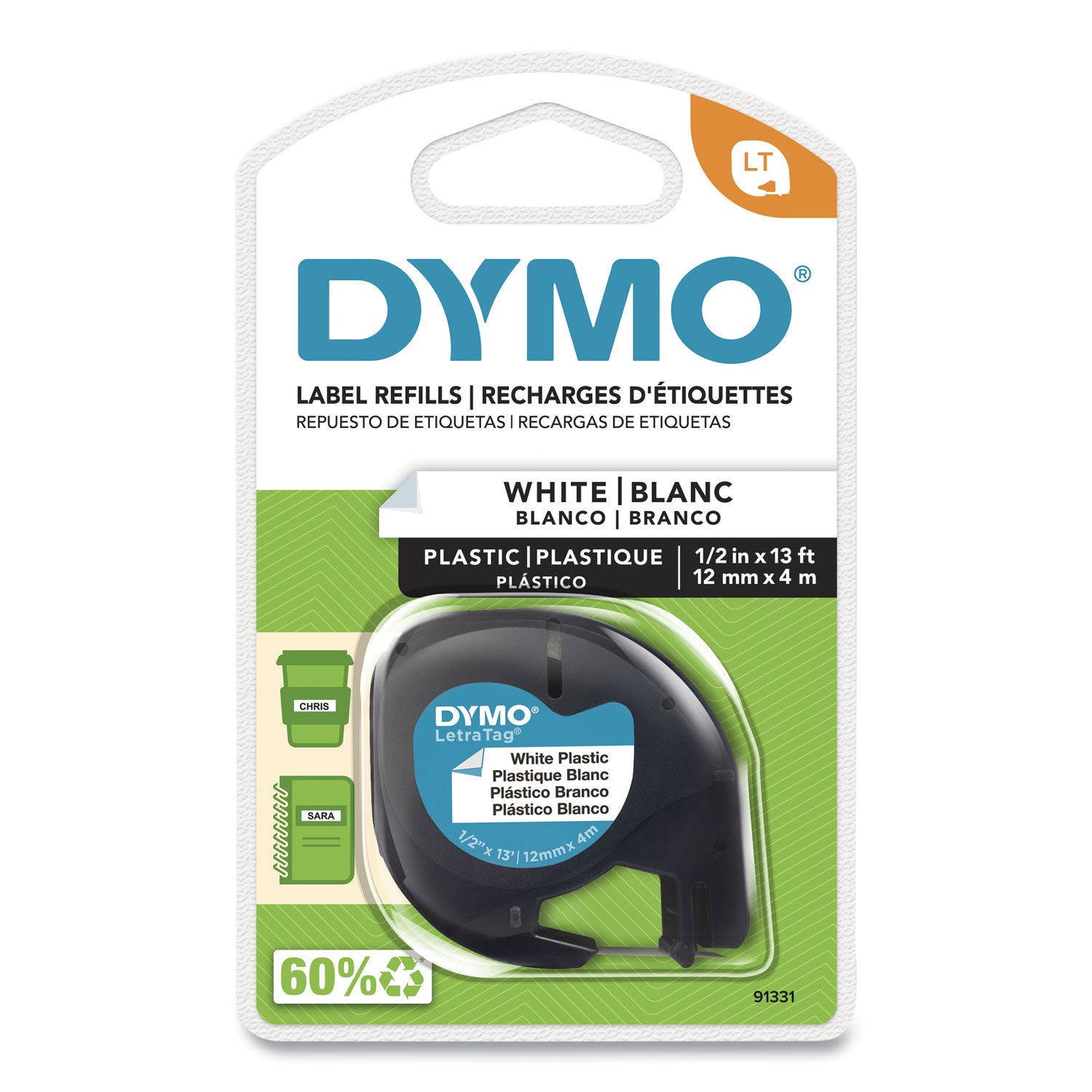 LetraTag Plastic Label Tape Cassette, 0.5" x 13 ft, White -