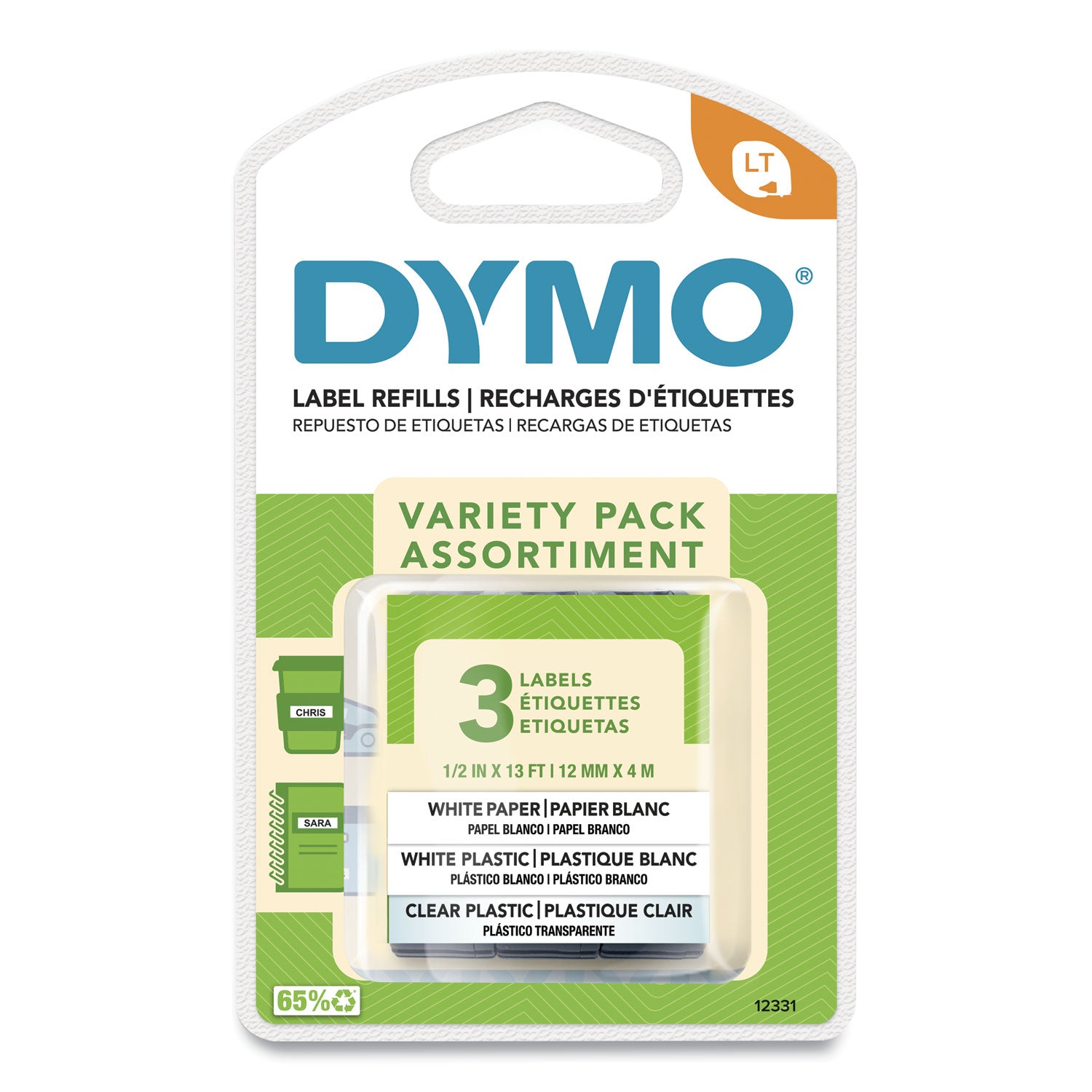 LetraTag Paper/Plastic Label Tape Value Pack, 0.5" x 13 ft, Assorted, 3/Pack -