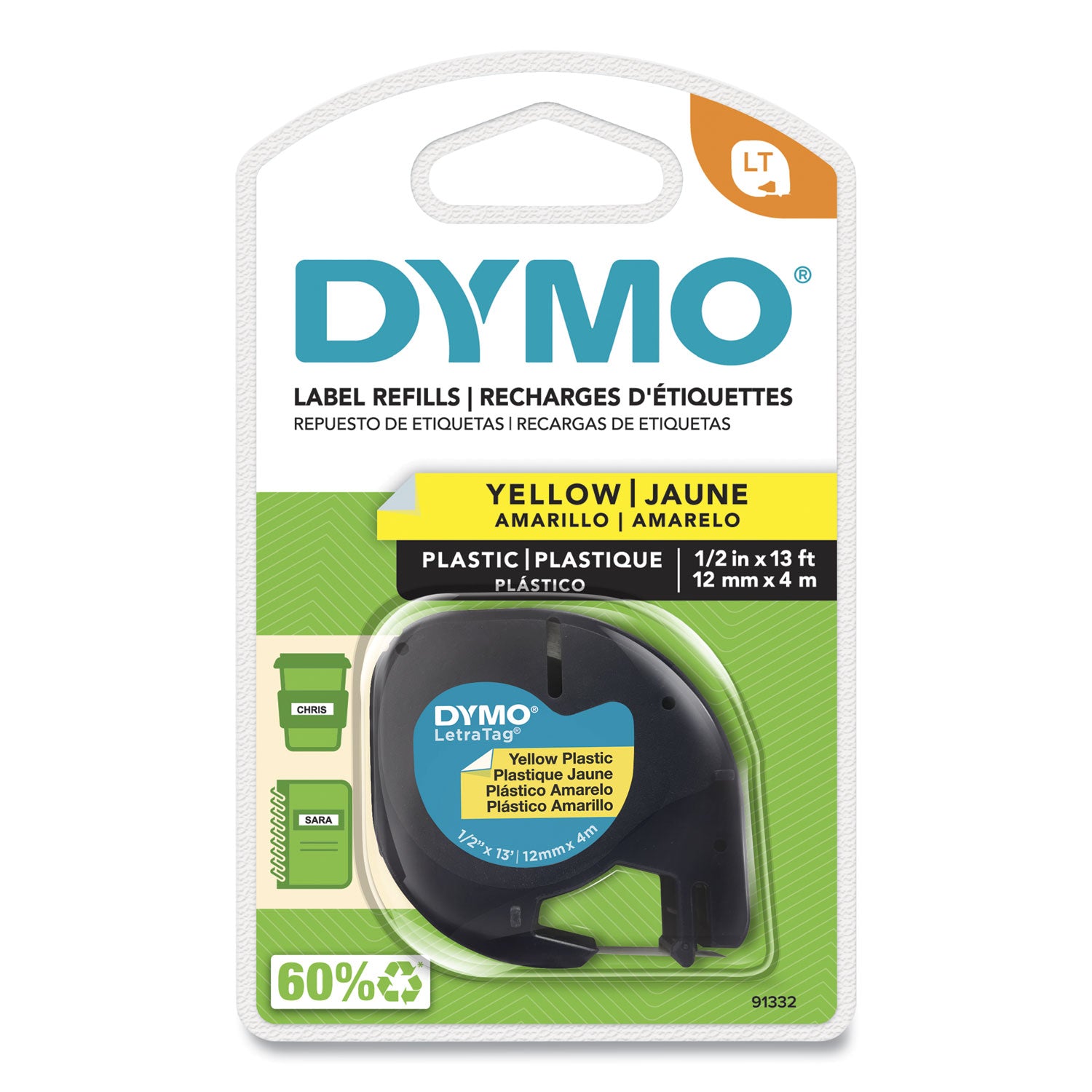 LetraTag Plastic Label Tape Cassette, 0.5" x 13 ft, Yellow -