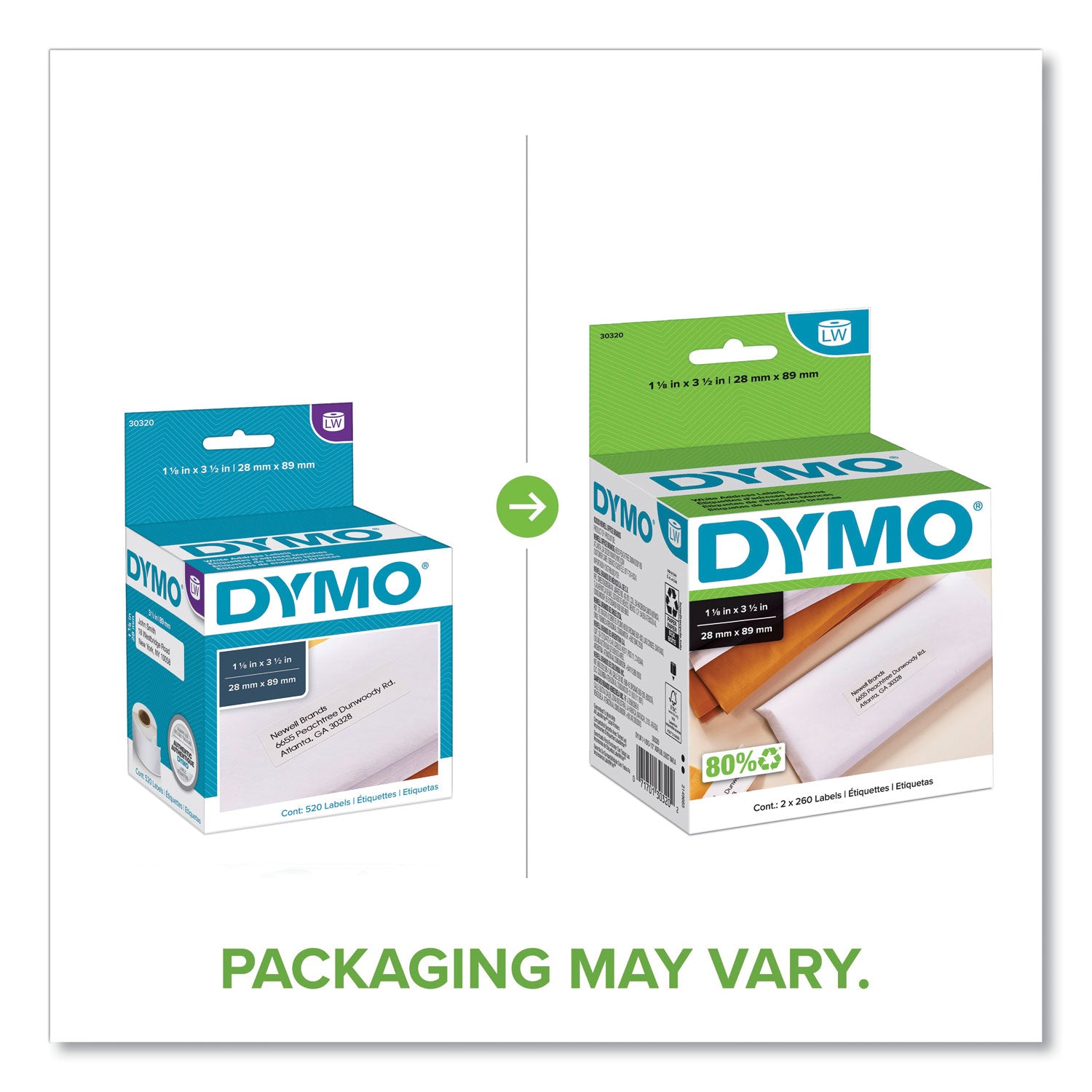 LabelWriter Address Labels, 1.12" x 3.5", White, 260 Labels/Roll, 2 Rolls/Pack -