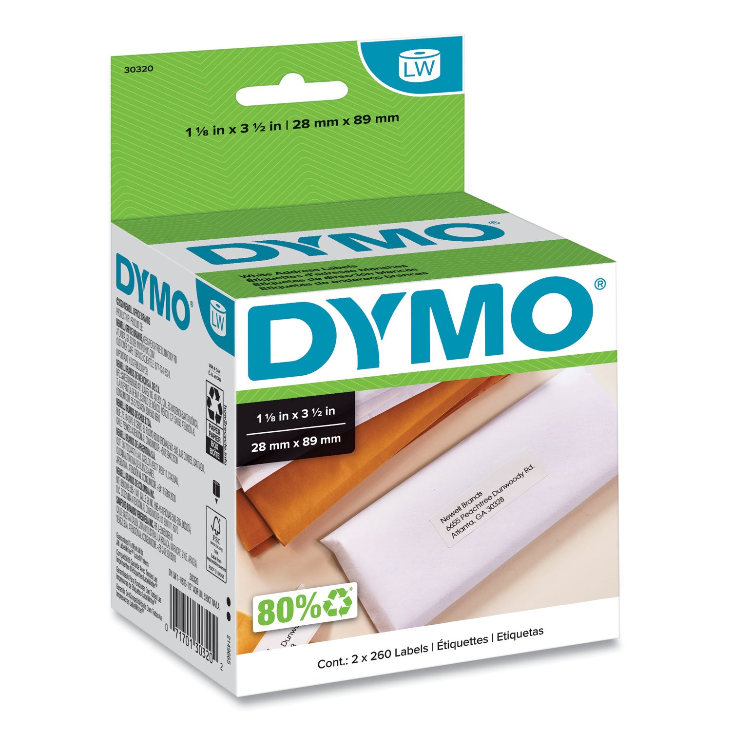LabelWriter Address Labels, 1.12" x 3.5", White, 260 Labels/Roll, 2 Rolls/Pack -