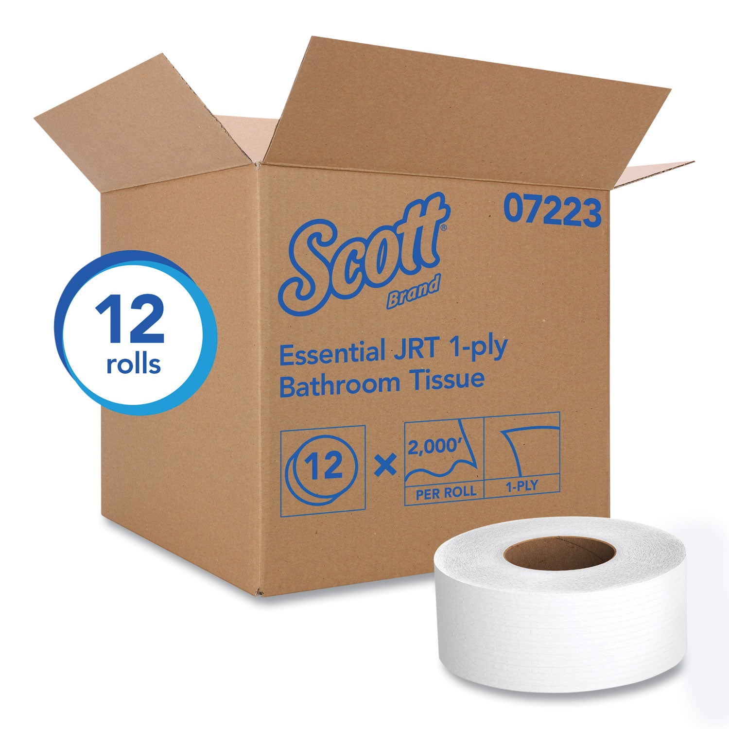 Essential JRT Jumbo Roll Bathroom Tissue, Septic Safe, 1-Ply, White, 3.55" x 2,000 ft, 12 Rolls/Carton -
