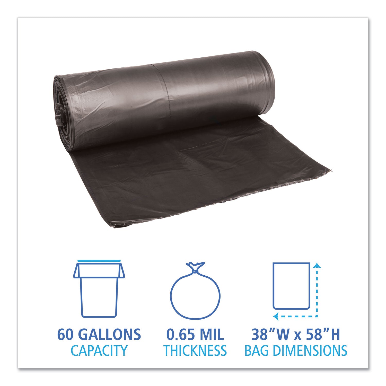 Low-Density Waste Can Liners, 60 gal, 0.65 mil, 38" x 58", Black, 25 Bags/Roll, 4 Rolls/Carton - 2