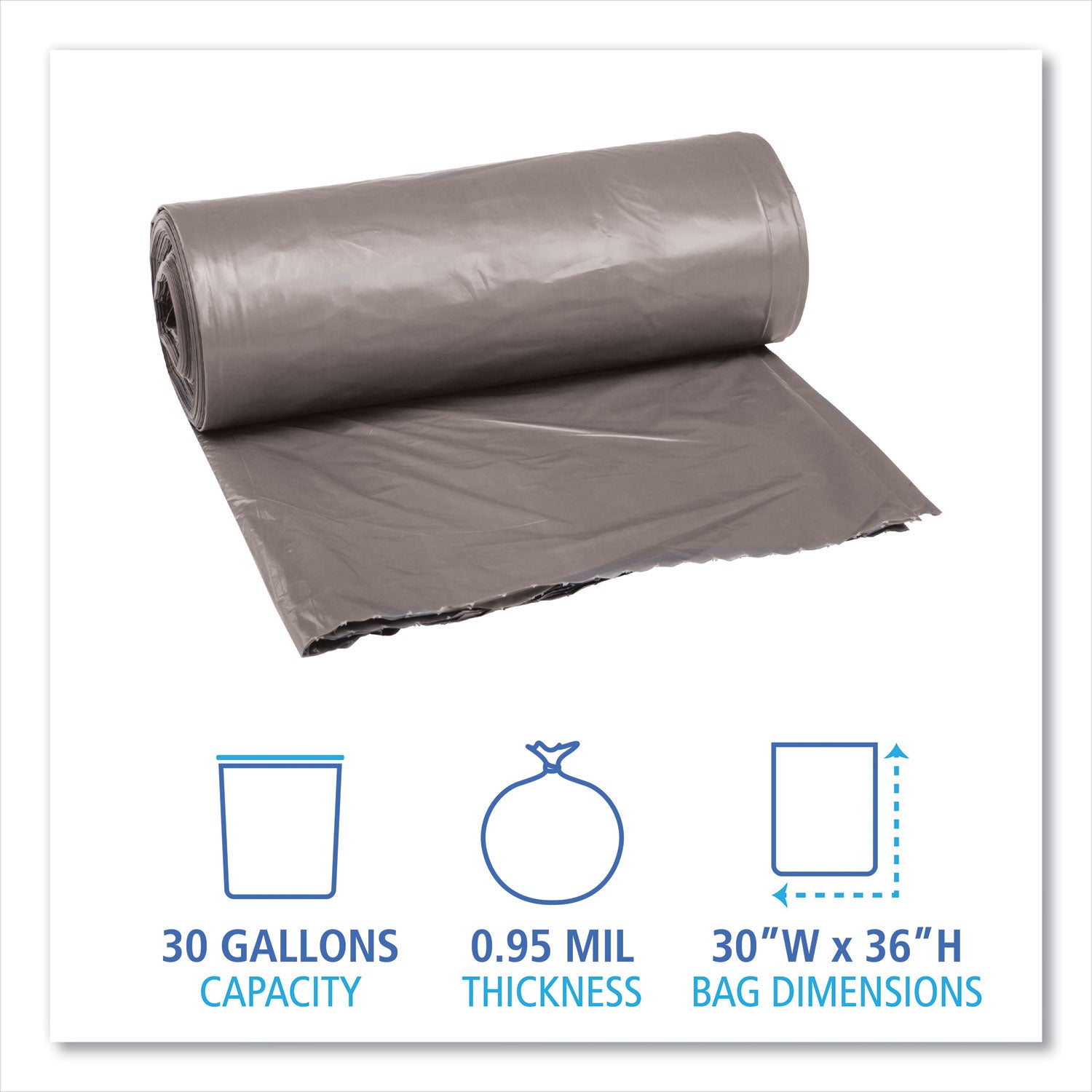Low-Density Waste Can Liners, 30 gal, 0.95 mil, 30" x 36", Gray, 25 Bags/Roll, 4 Rolls/Carton - 2