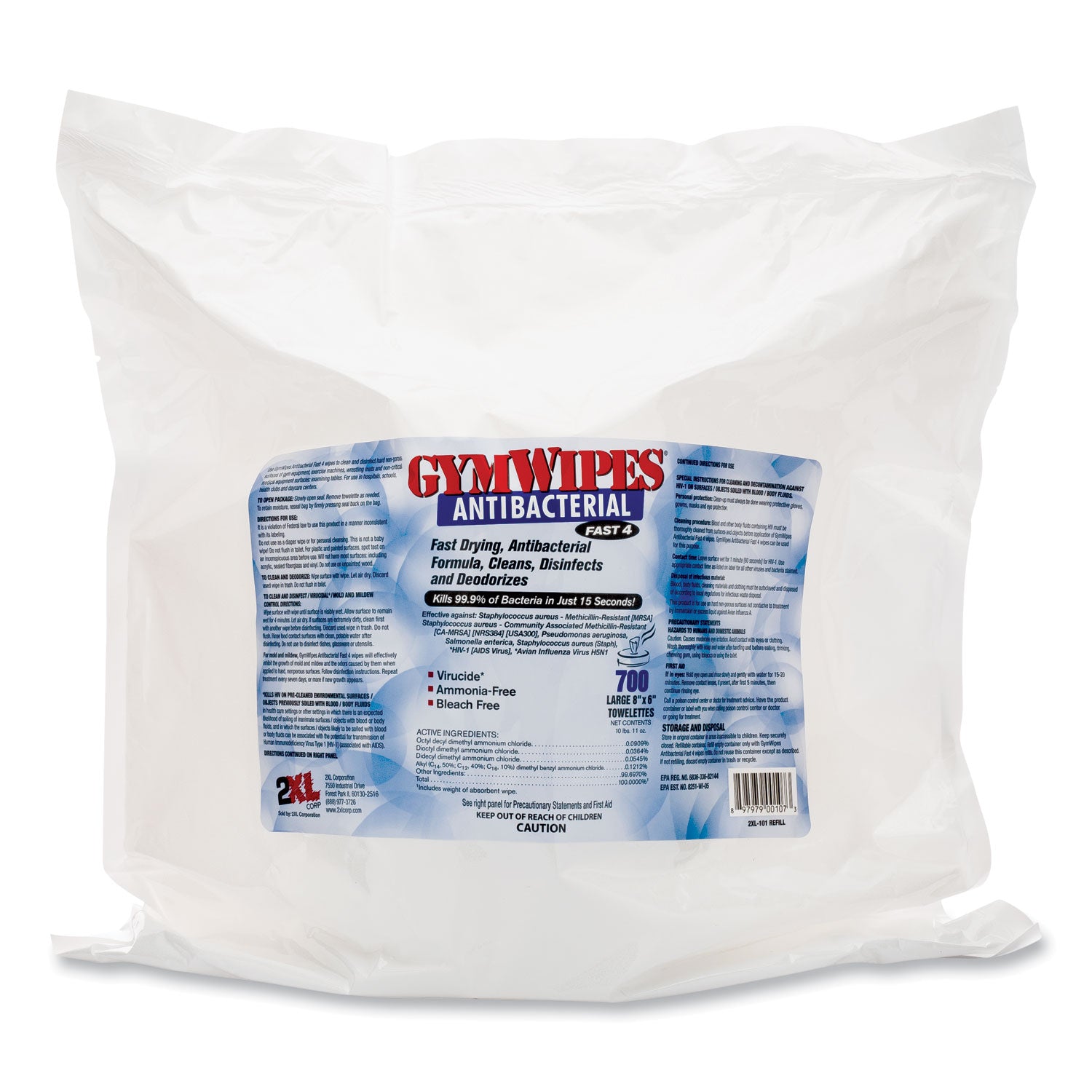 Antibacterial Gym Wipes Refill, 1-Ply, 6 x 8, Unscented, White, 700 Wipes/Pack, 4 Packs/Carton -
