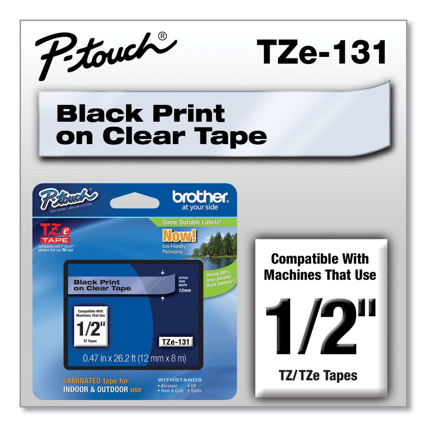 TZe Standard Adhesive Laminated Labeling Tape, 0.47" x 26.2 ft, Black on Clear -