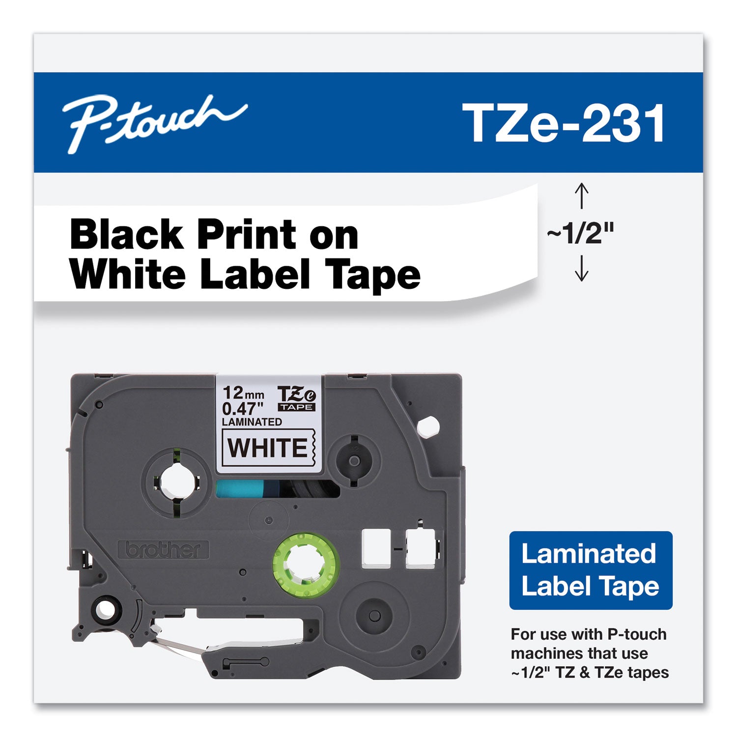 TZe Standard Adhesive Laminated Labeling Tape, 0.47" x 26.2 ft, Black on White -