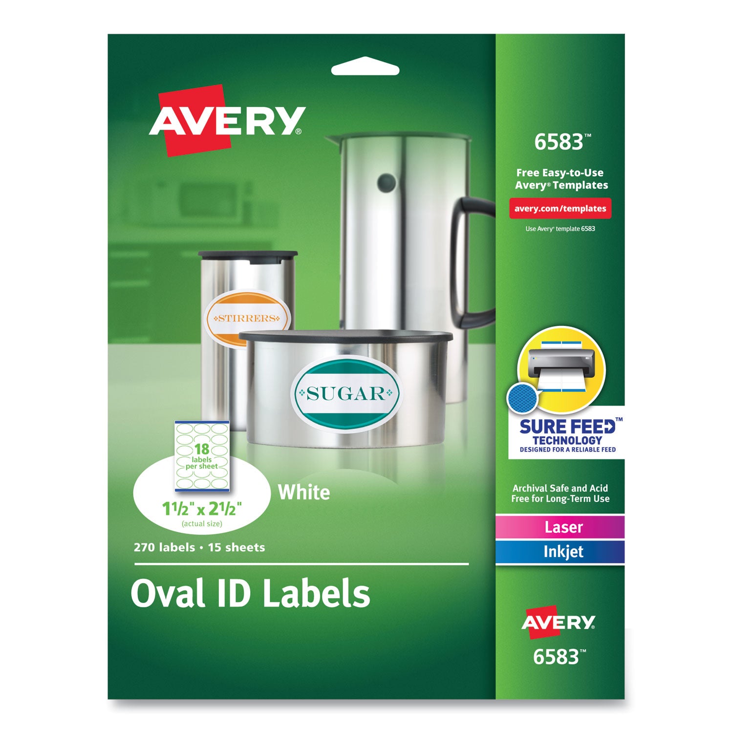 Oval Print-to-the-Edge Labels, 1.5 x 2.5, White, 18/Sheet, 15 Sheets/Pack -