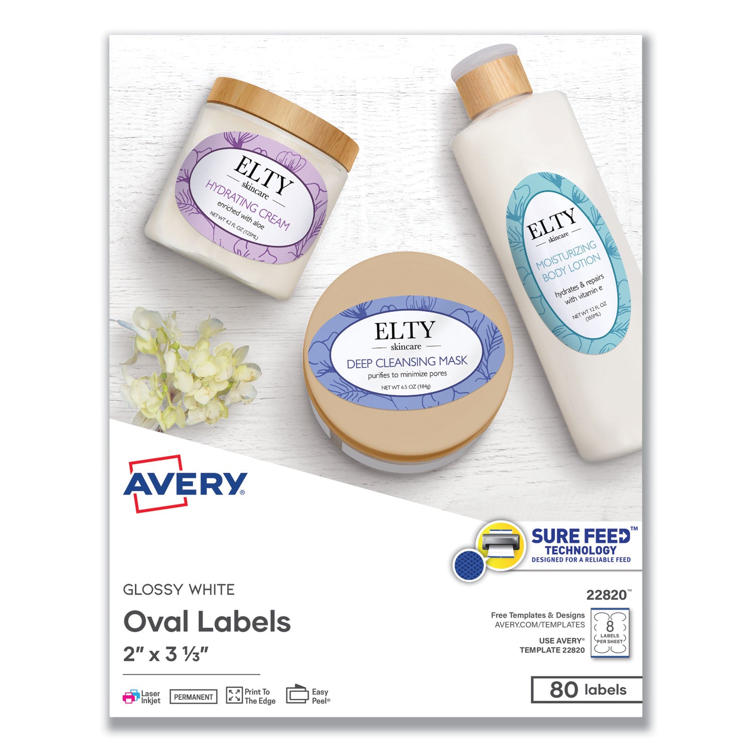 Oval Labels w/ Sure Feed and Easy Peel, 2 x 3.33, Glossy White, 80/Pack -