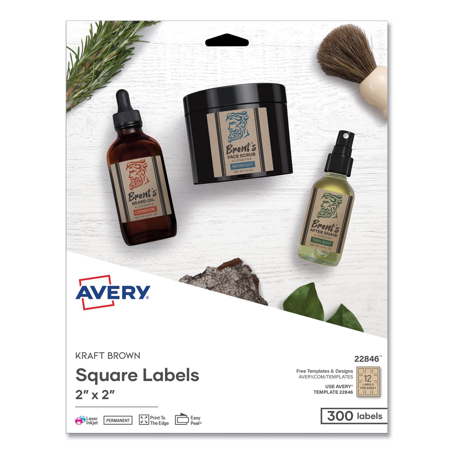 Square Print-to-the-Edge Labels, Inkjet/Laser Printers, 2 x 2, Kraft Brown, 12/Sheet, 25 Sheets/Pack -