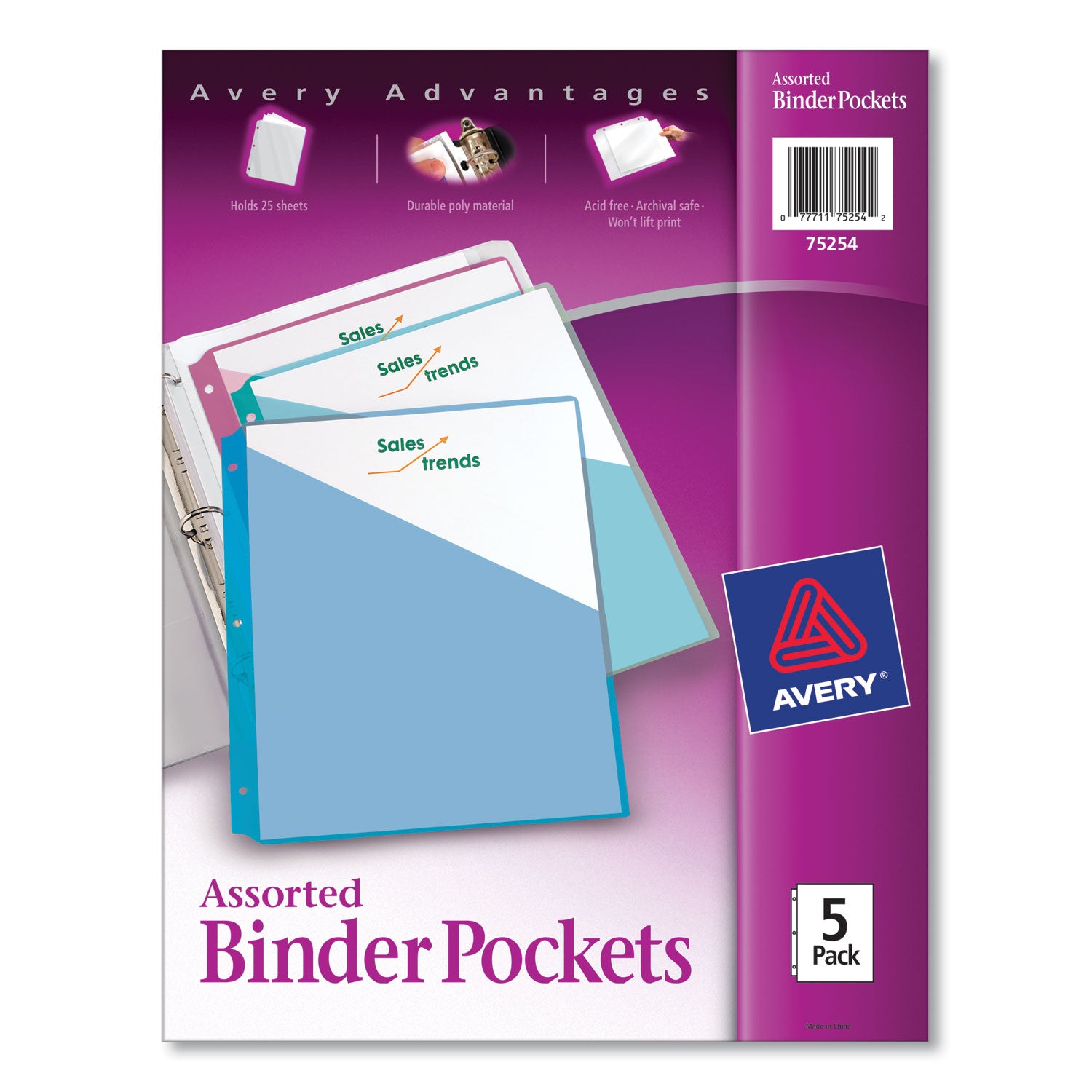 Binder Pockets, 3-Hole Punched, 9.25 x 11, Assorted Colors, 5/Pack -