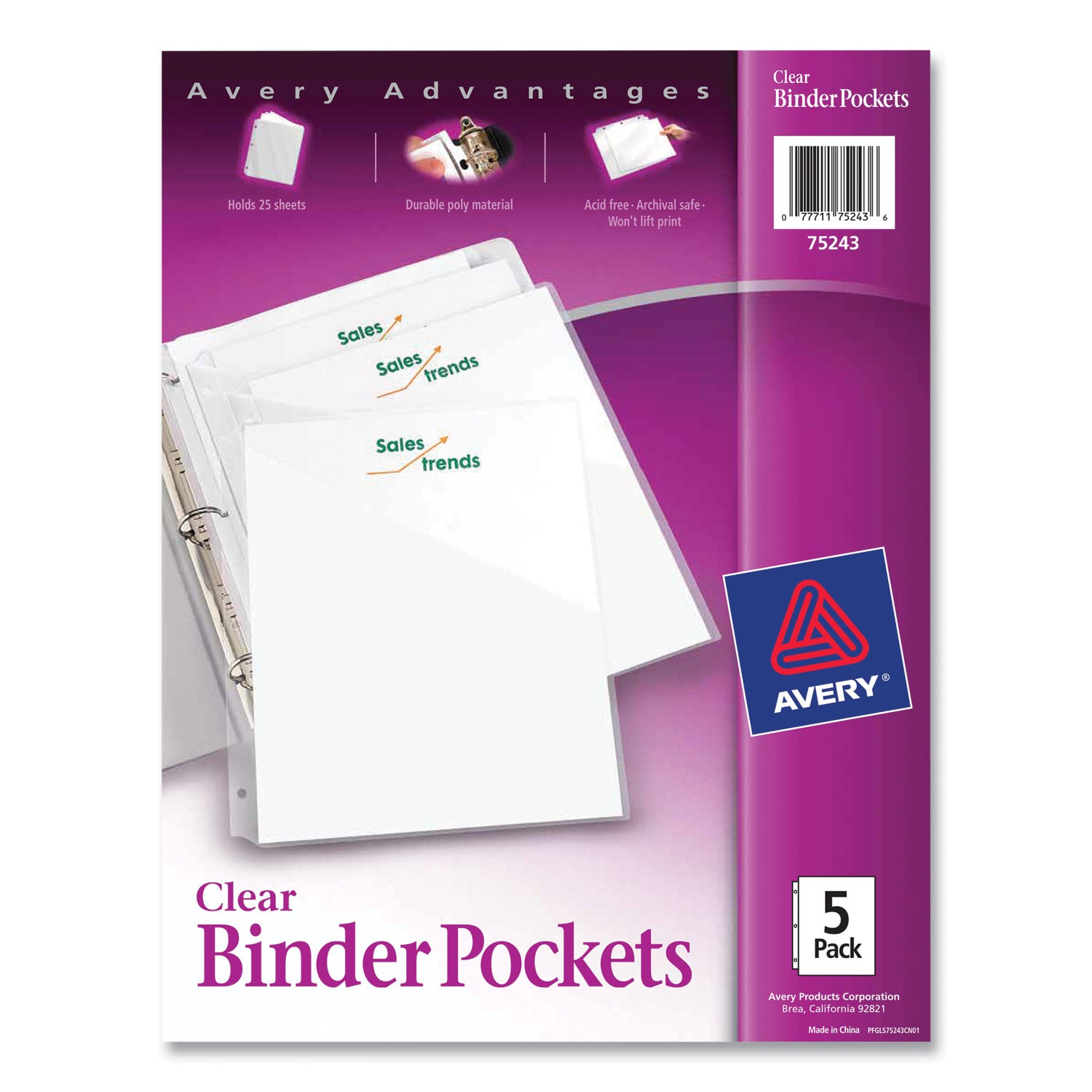 Binder Pockets, 3-Hole Punched, 9.25 x 11, Clear, 5/Pack -