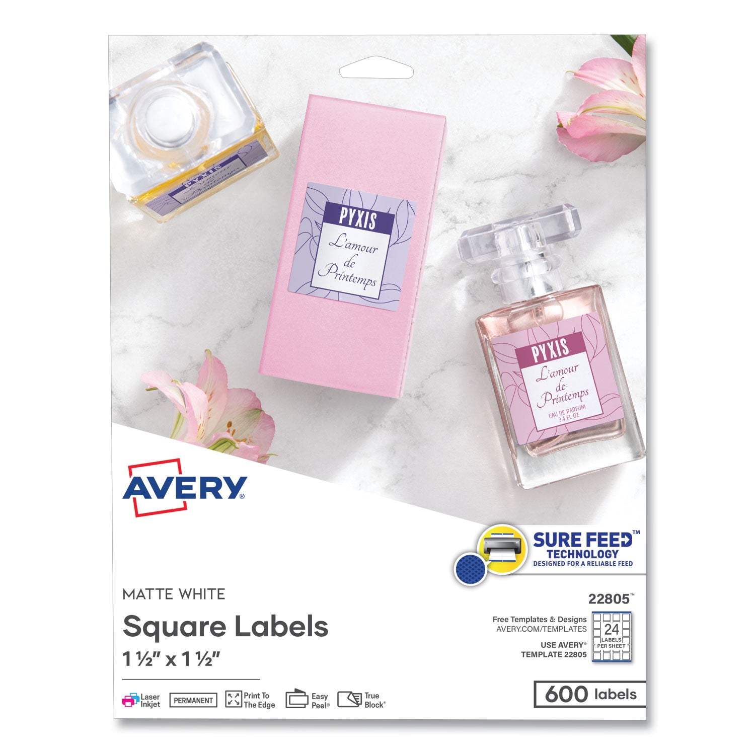 Square Labels with Sure Feed and TrueBlock, 1.5 x 1.5, White, 600/Pack -