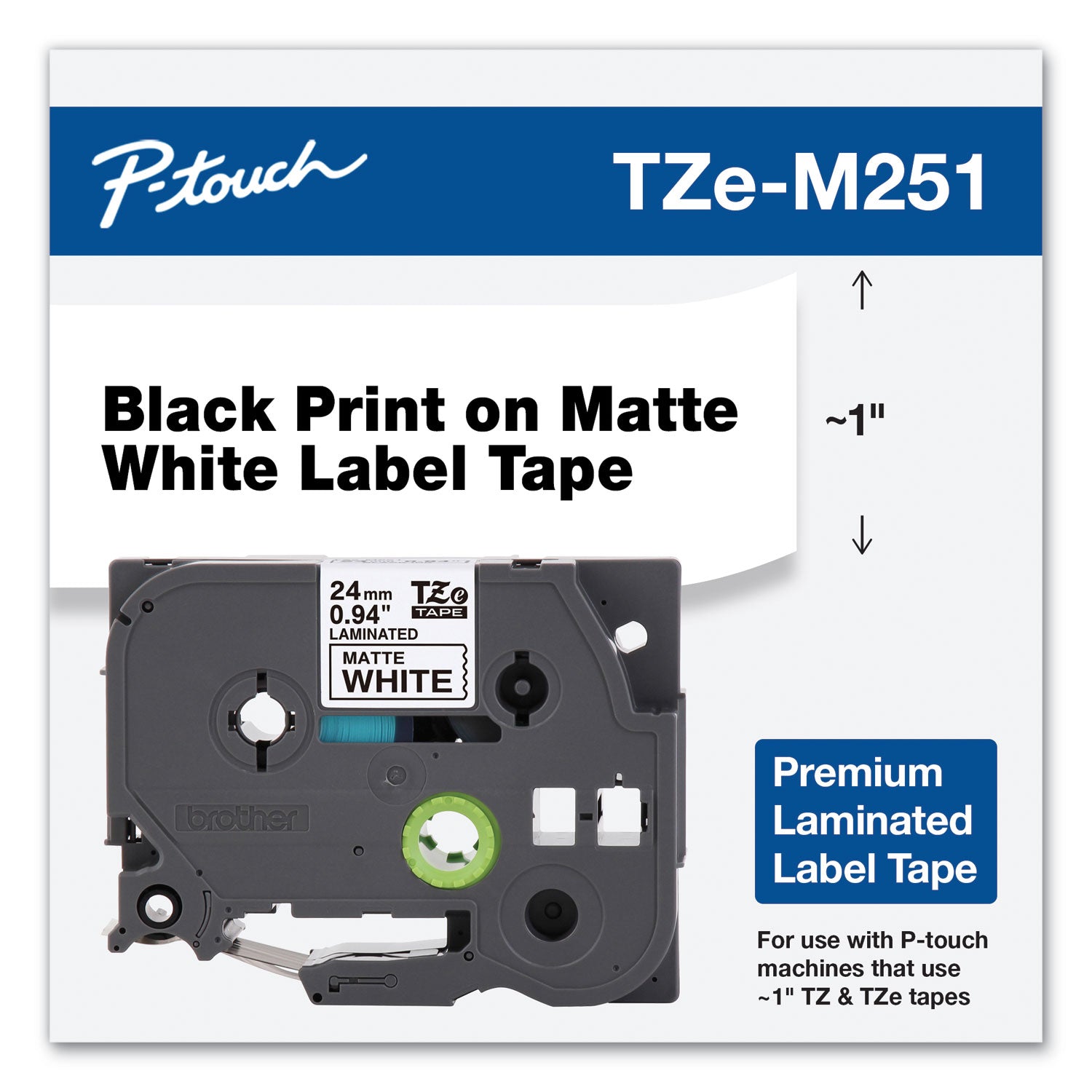 TZe Premium Laminated Tape, 0.94" x 26.2 ft, Black on White - 2