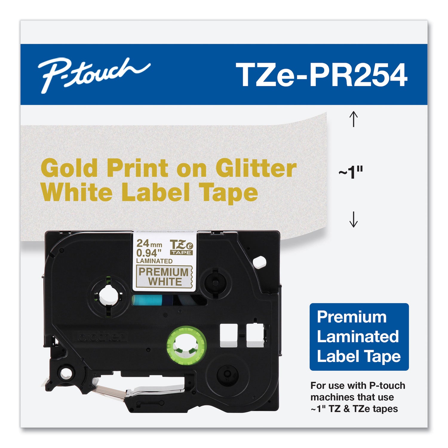 TZe Premium Laminated Tape, 0.94" x 26.2 ft, Gold on White - 2
