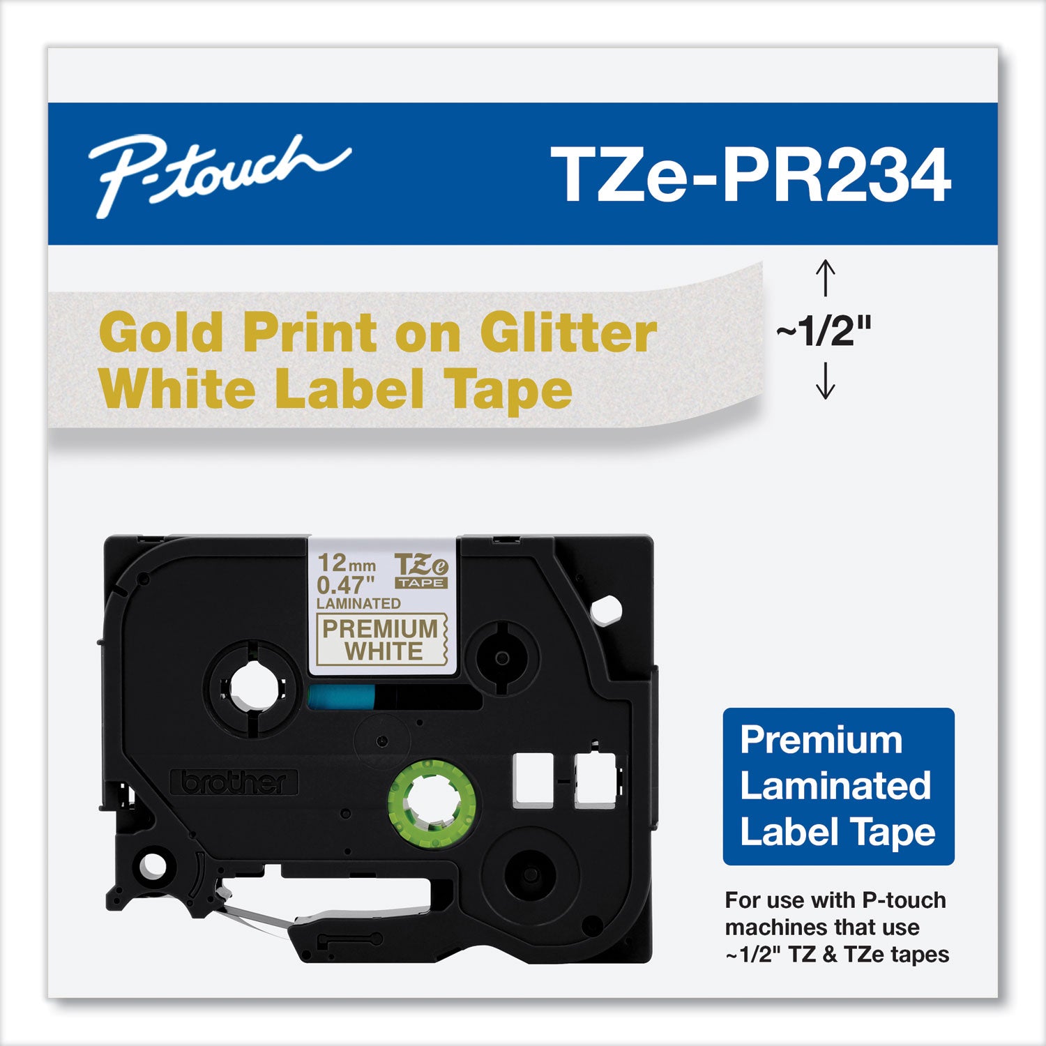 TZe Premium Laminated Tape, 0.94" x 26.2 ft, Gold on White - 2