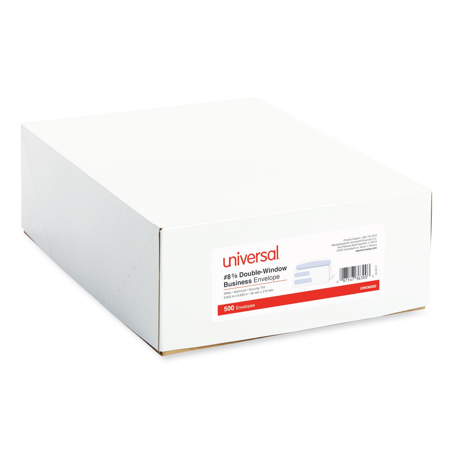 Double Window Business Envelope, #8 5/8, Commercial Flap, Gummed Closure, 3.63 x 8.63, White, 500/Box -