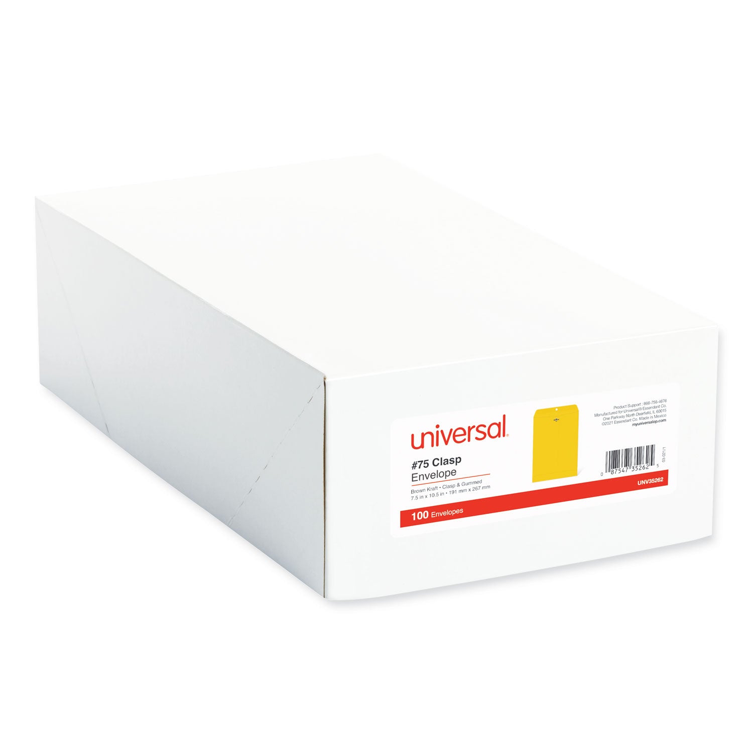 Kraft Clasp Envelope, #75, Square Flap, Clasp/Gummed Closure, 7.5 x 10.5, Brown Kraft, 100/Box -