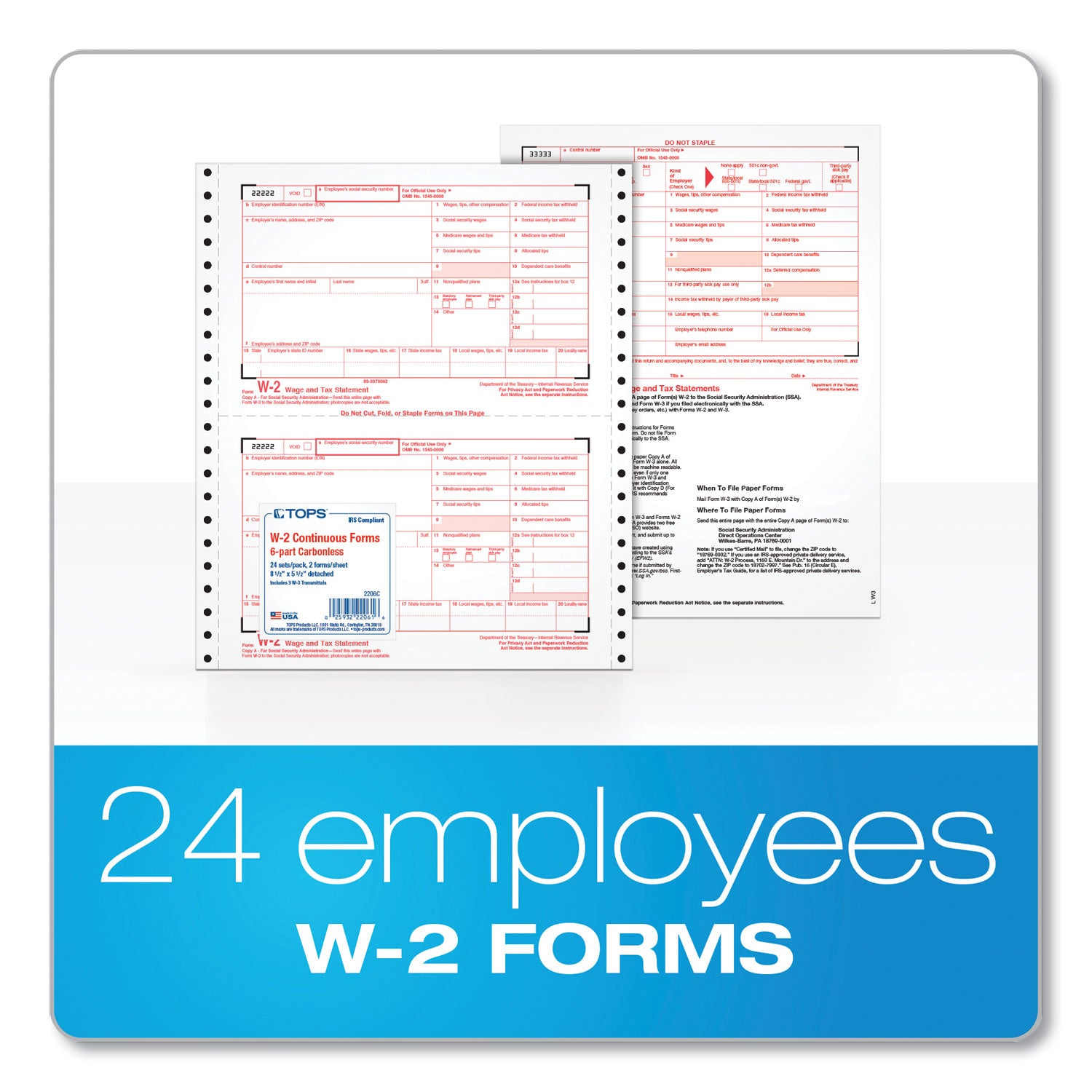 W-2 Tax Forms for Dot Matrix Printers, Fiscal Year: 2023, Six-Part Carbonless, 5.5 x 8.5, 2 Forms/Sheet, 24 Forms Total -