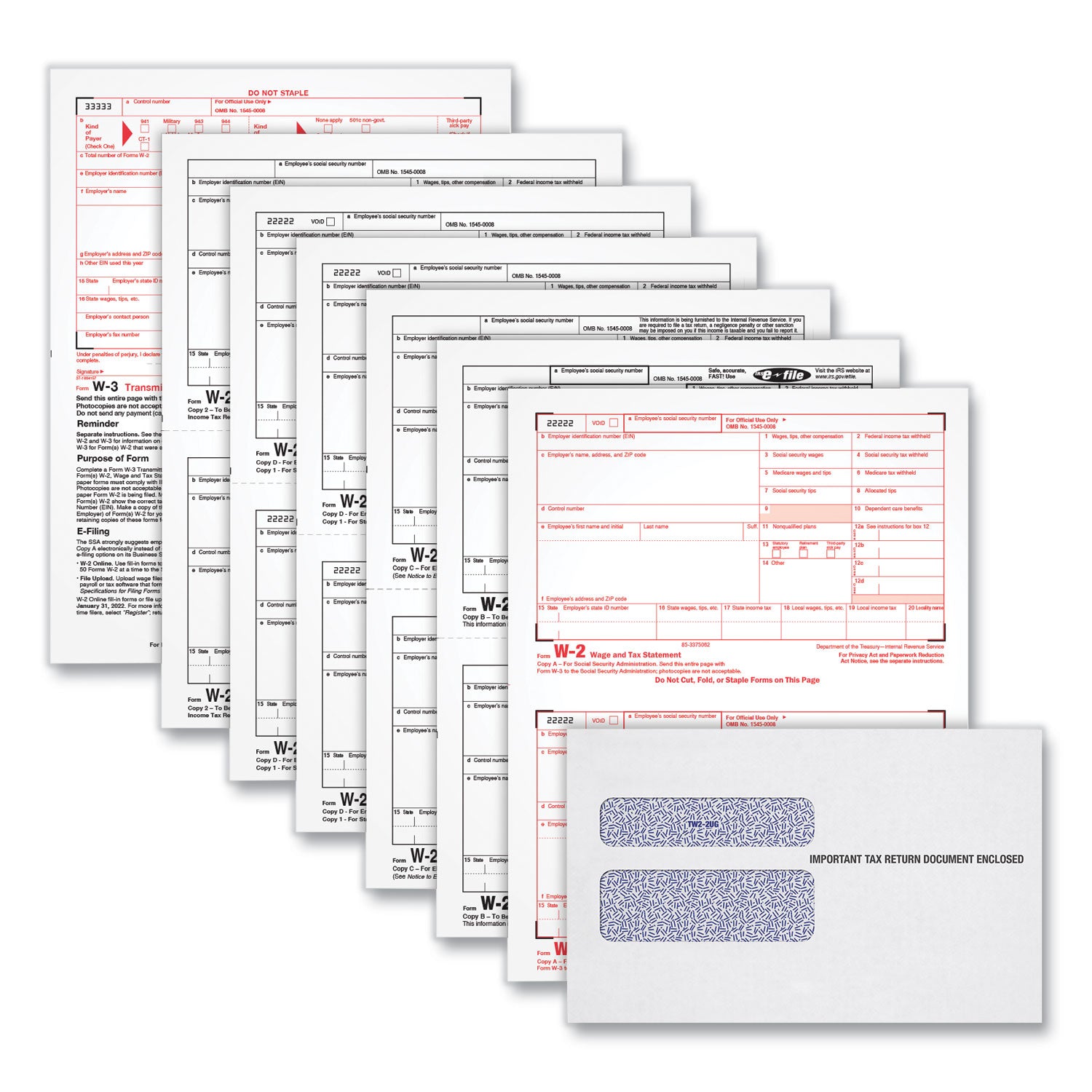 W-2 Tax Forms Kit with Envelopes, Fiscal Year: 2023, Six-Part Carbonless, 8.5 x 5.5, 2 Forms/Sheet, 24 Forms Total -