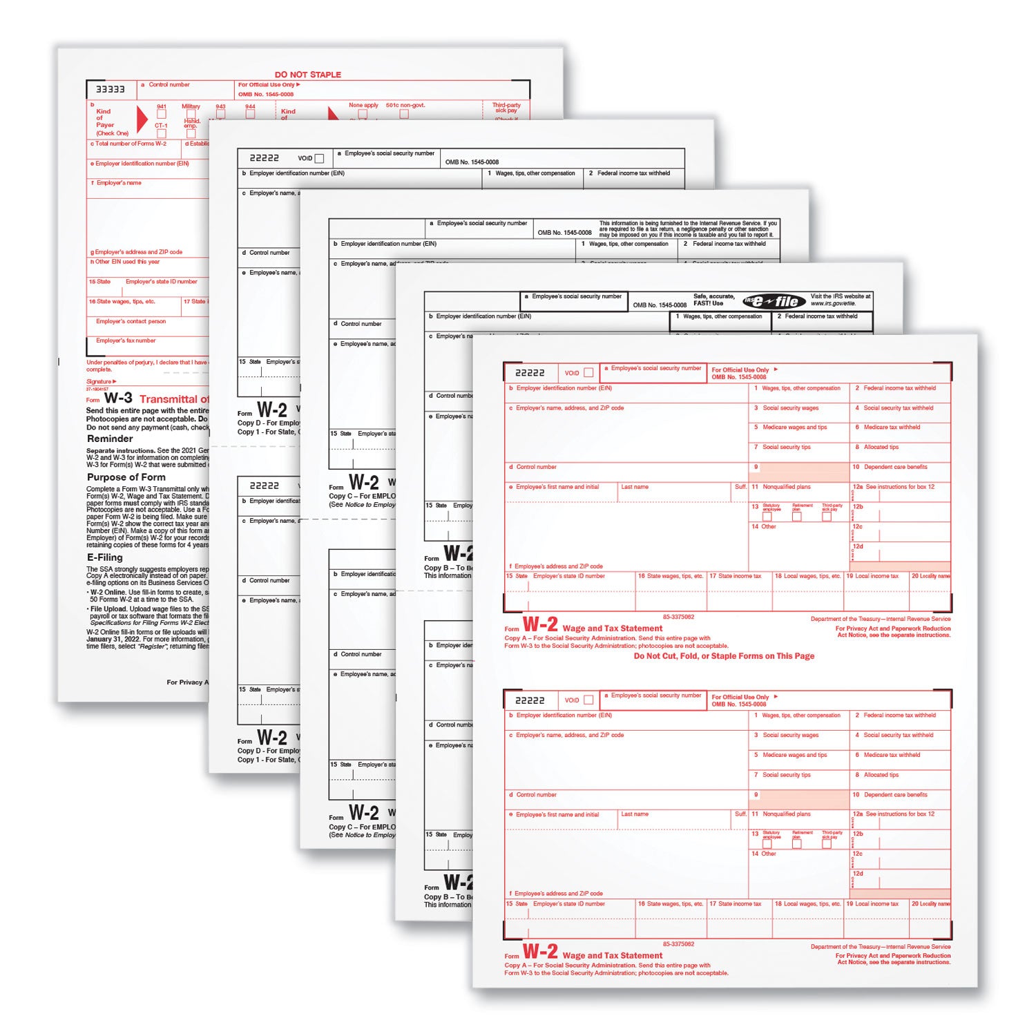 W-2 Tax Forms for Inkjet/Laser Printers, Fiscal Year: 2023, Four-Part Carbonless, 8.5 x 5.5, 2 Forms/Sheet, 50 Forms Total -