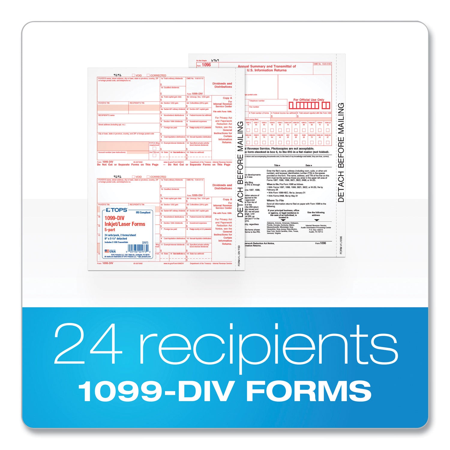 1099-DIV Tax Forms for Inkjet/Laser Printers, Fiscal Year: 2023, Five-Part Carbonless, 8 x 5.5, 2 Forms/Sheet, 24 Forms Total -