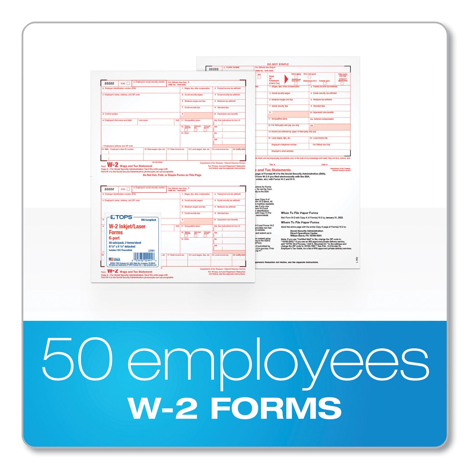 W-2 Tax Forms for Inkjet/Laser Printers, Fiscal Year: 2023, Six-Part Carbonless, 8.5 x 5.5, 2 Forms/Sheet, 50 Forms Total -