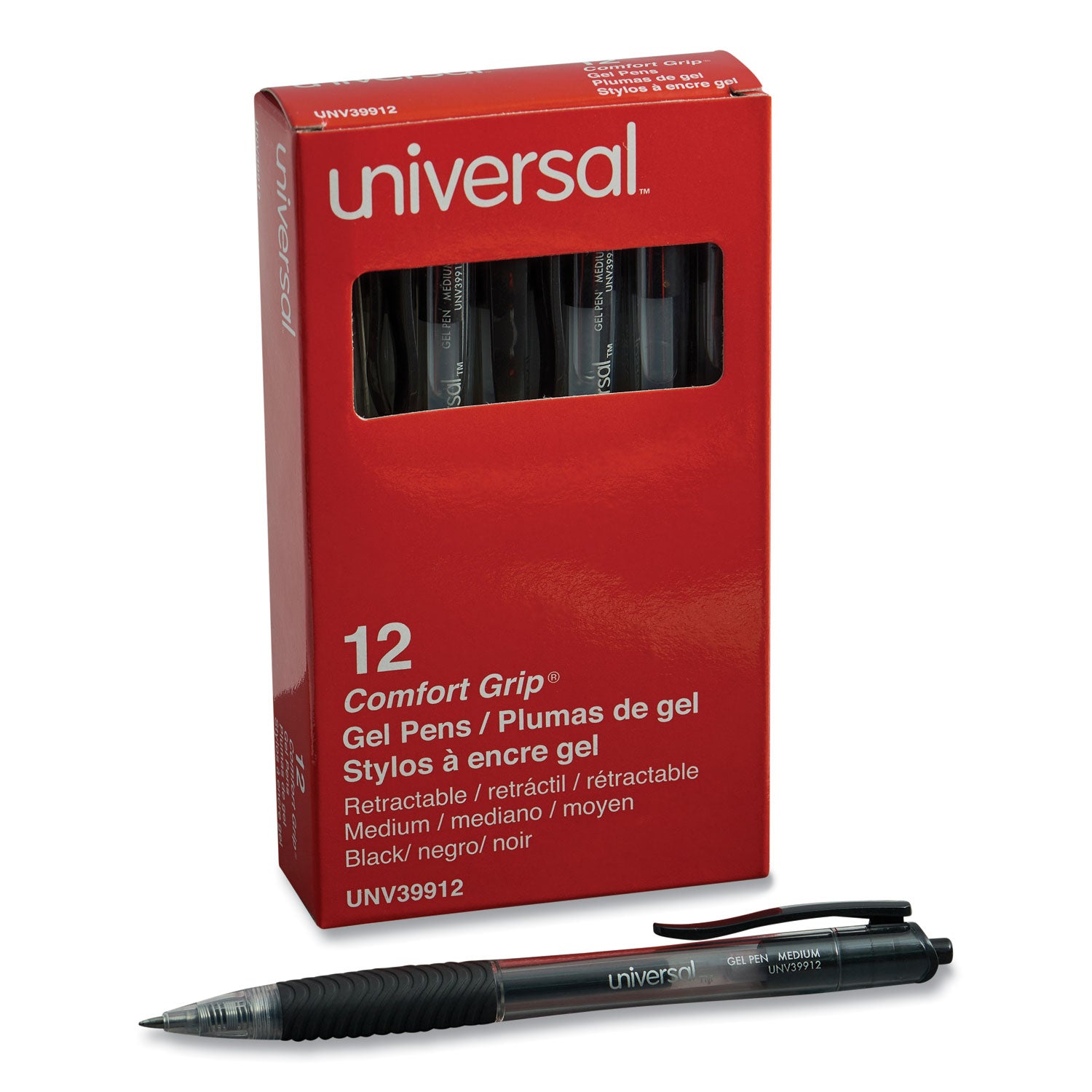 Comfort Grip Gel Pen, Retractable, Medium 0.7 mm, Black Ink, Clear/Black Barrel, Dozen -