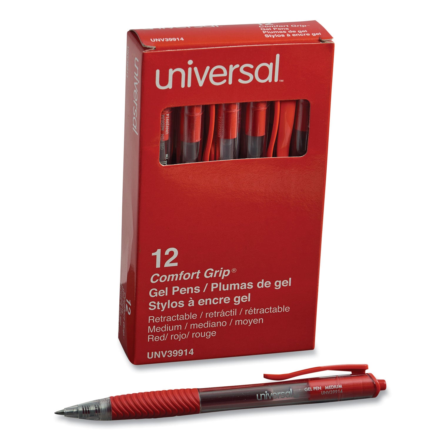 Comfort Grip Gel Pen, Retractable, Medium 0.7 mm, Red Ink, Clear/Red Barrel, Dozen -