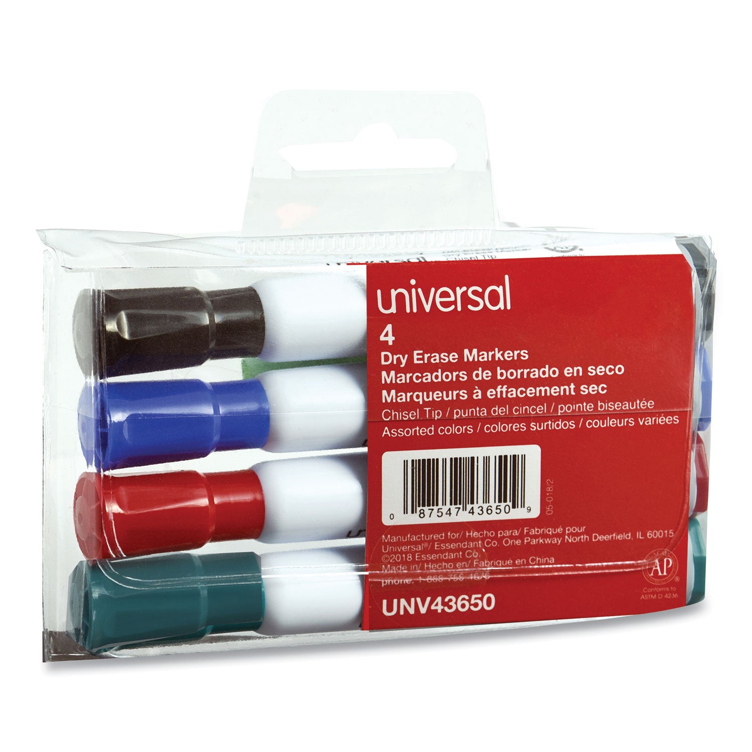 Dry Erase Marker, Broad Chisel Tip, Assorted Colors, 4/Set -