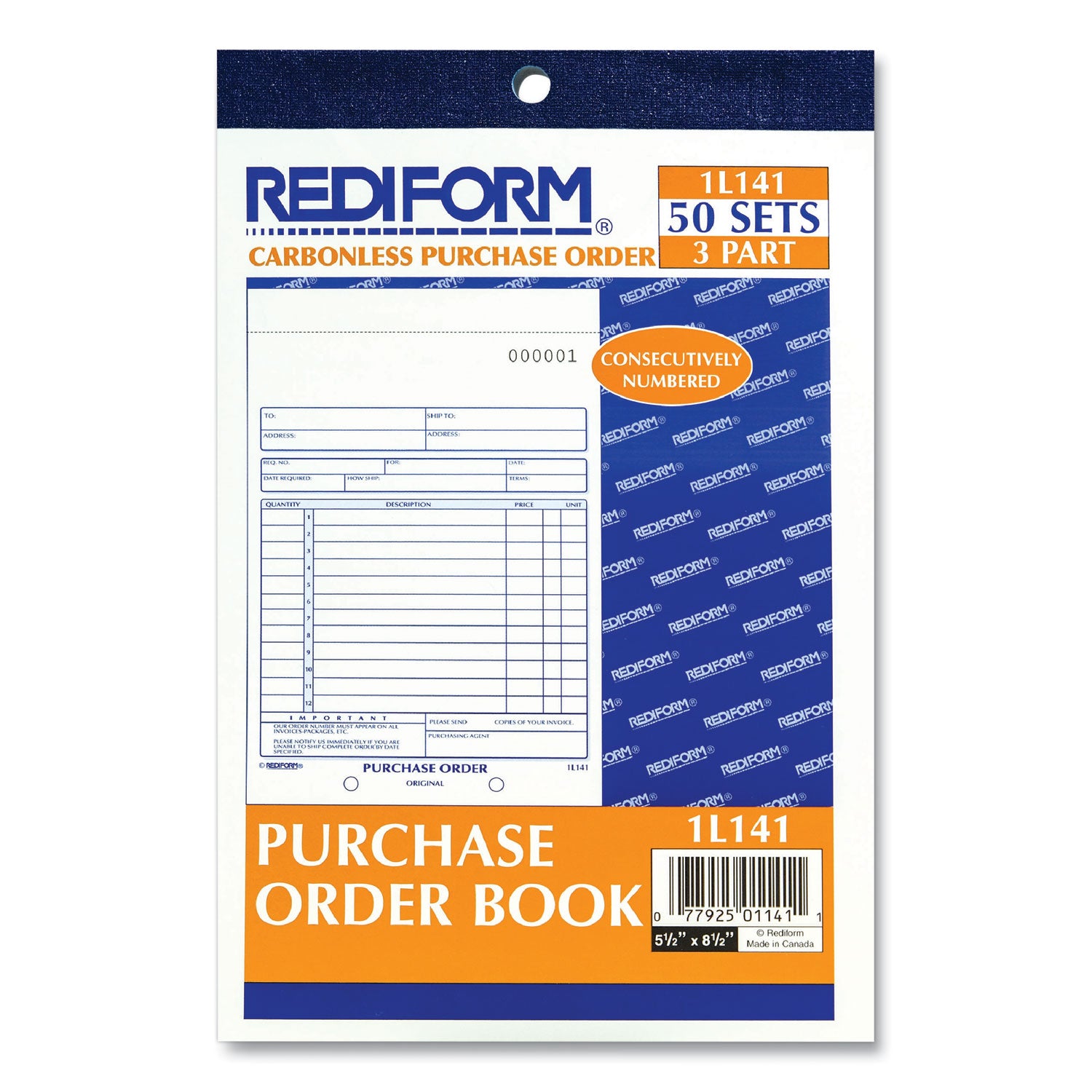 Purchase Order Book, 12 Lines, Three-Part Carbonless, 5.5 x 7.88, 50 Forms Total -