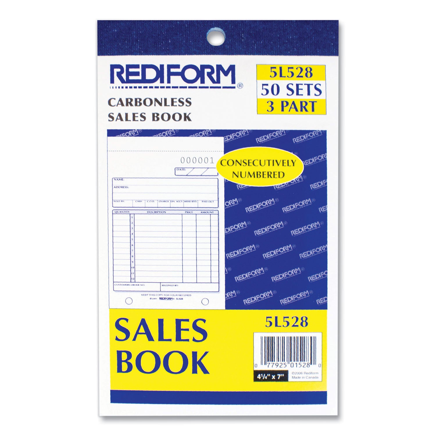 Sales Book, 12 Lines, Three-Part Carbonless, 4.25 x 6.38, 50 Forms Total -