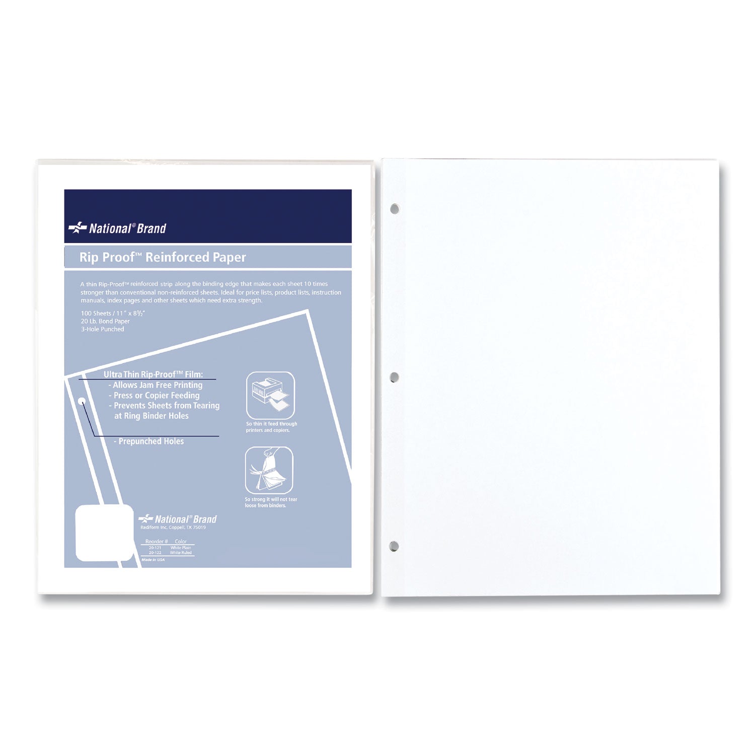 Rip Proof Reinforced Filler Paper, 3-Hole, 8.5 x 11, Unruled, 100/Pack -