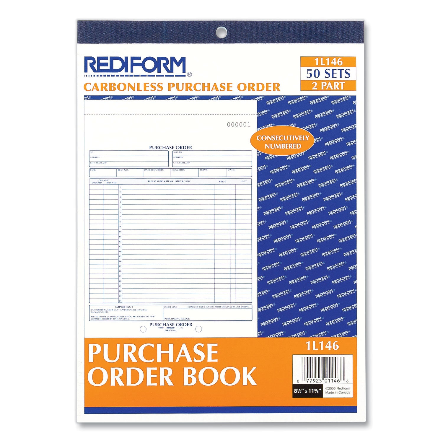 Purchase Order Book, 17 Lines, Two-Part Carbonless, 8.5 x 11, 50 Forms Total -