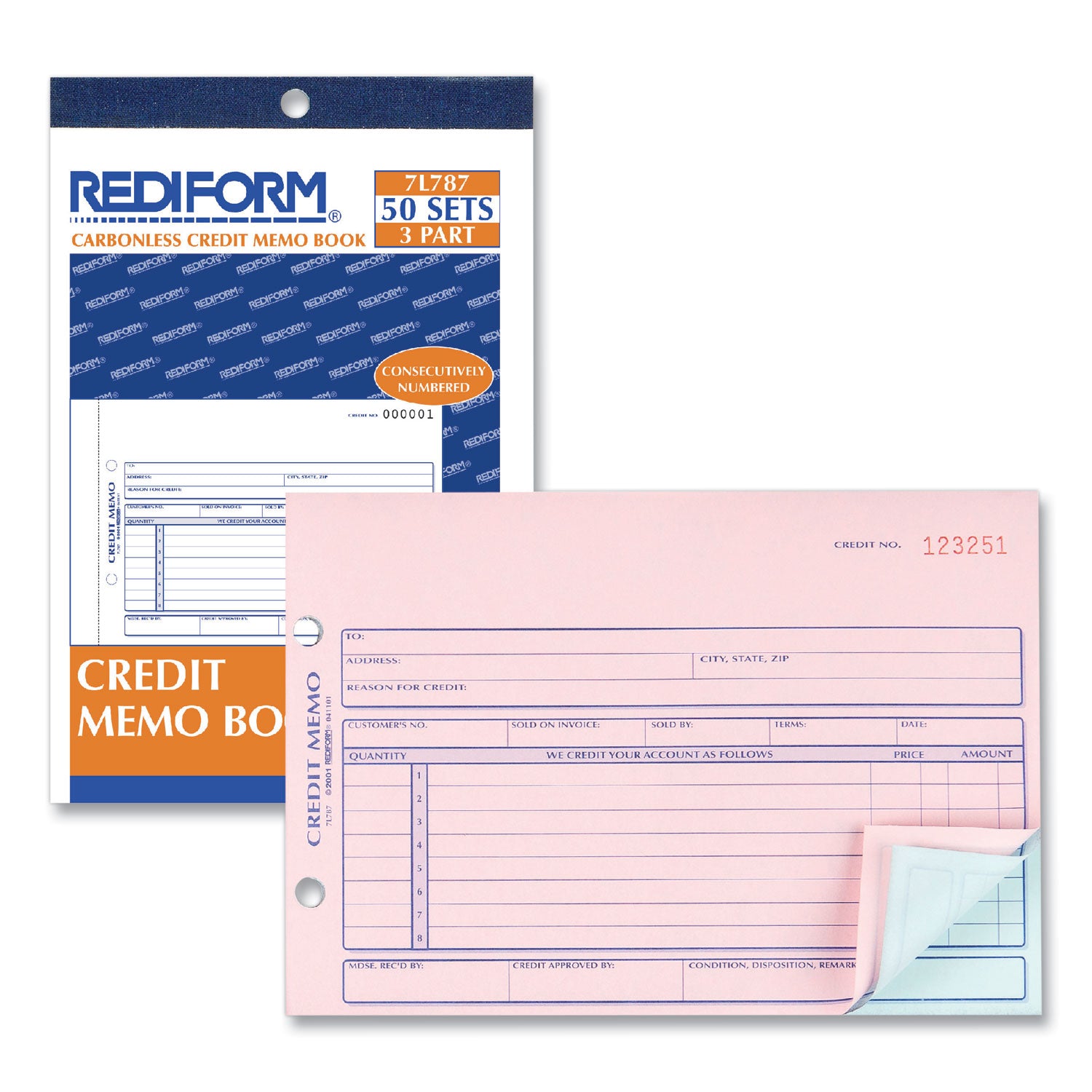Credit Memo Book, Three-Part Carbonless, 5.5 x 7.88, 50 Forms Total -