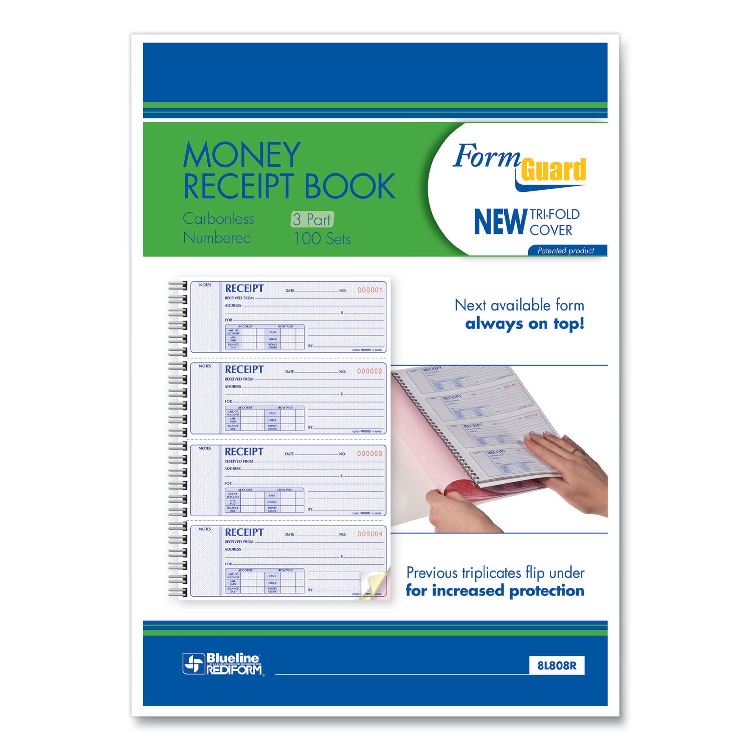 Money Receipt Book, FormGuard Cover, Three-Part Carbonless, 7 x 2.75, 4 Forms/Sheet, 100 Forms Total -