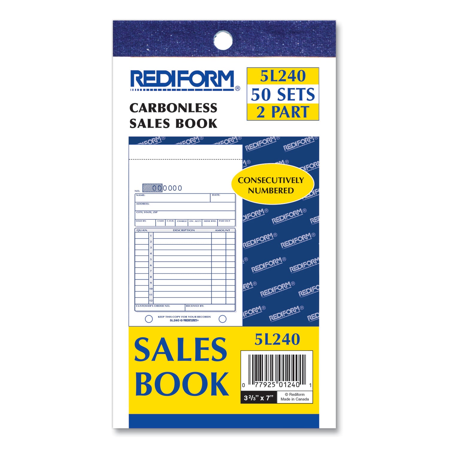 Sales Book, 12 Lines, Two-Part Carbonless, 3.63 x 6.38, 50 Forms Total -