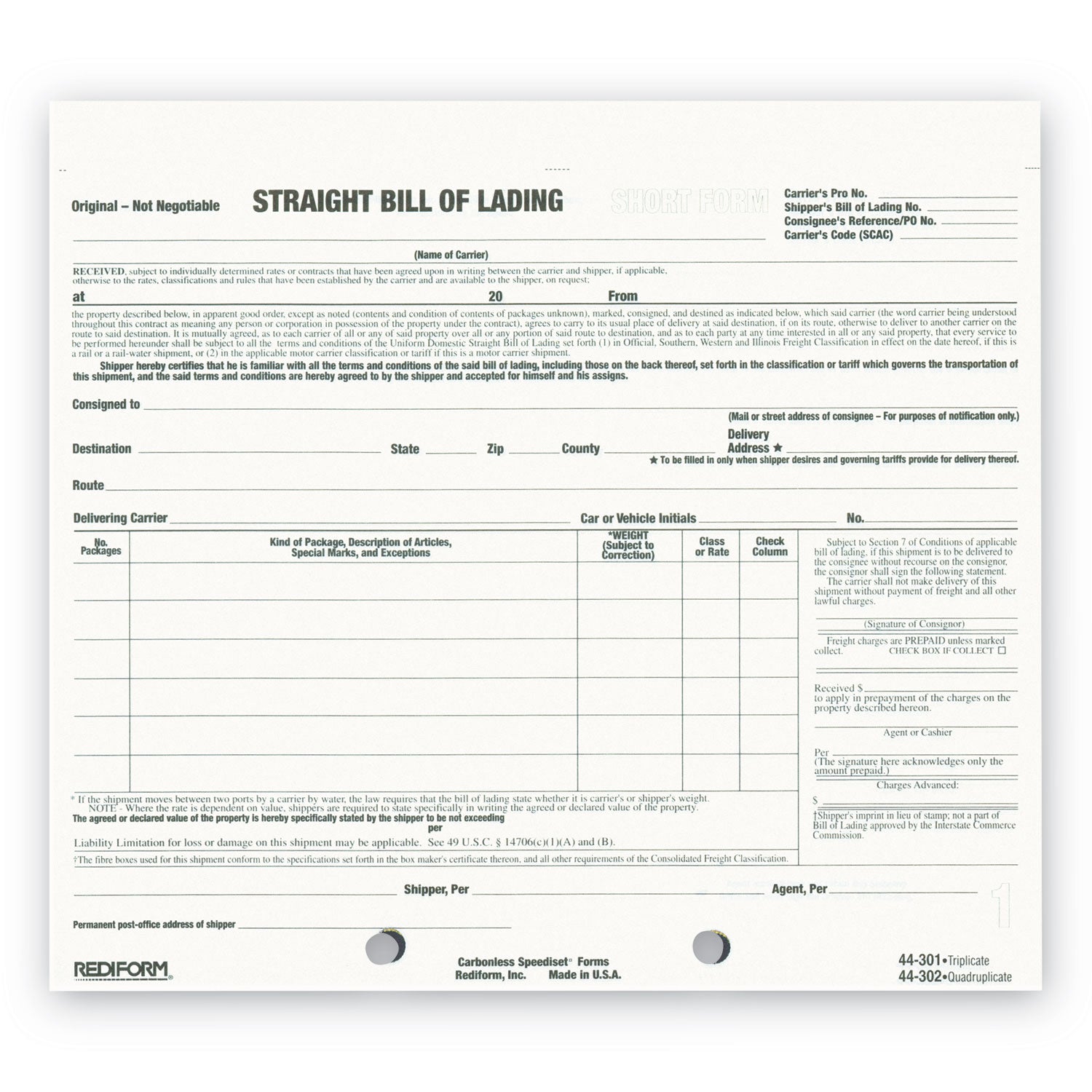 Snap-A-Way Bill of Lading, Short Form, Three-Part Carbonless, 7 x 8.5, 250 Forms Total -