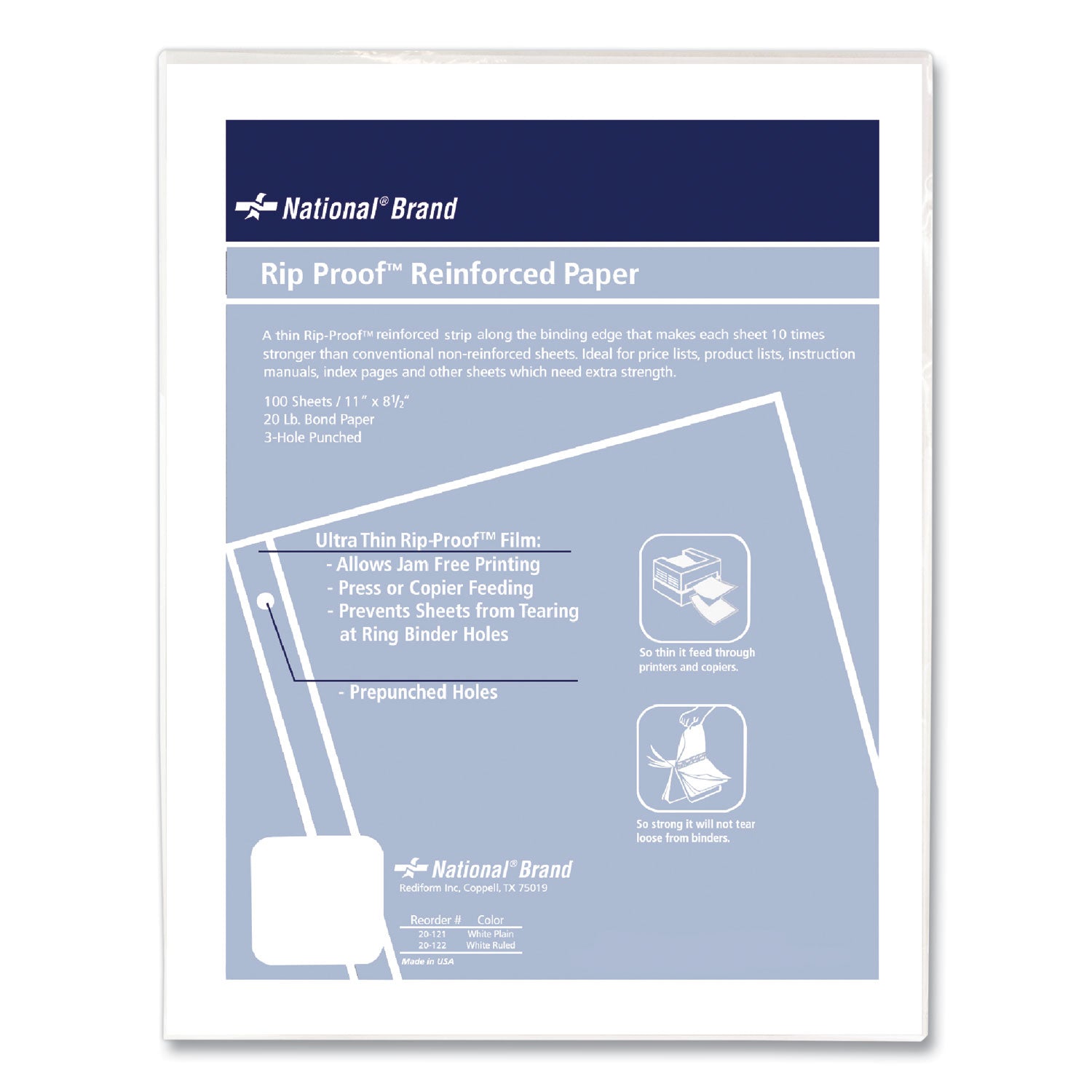 Rip Proof Reinforced Filler Paper, 3-Hole, 8.5 x 11, Unruled, 100/Pack -