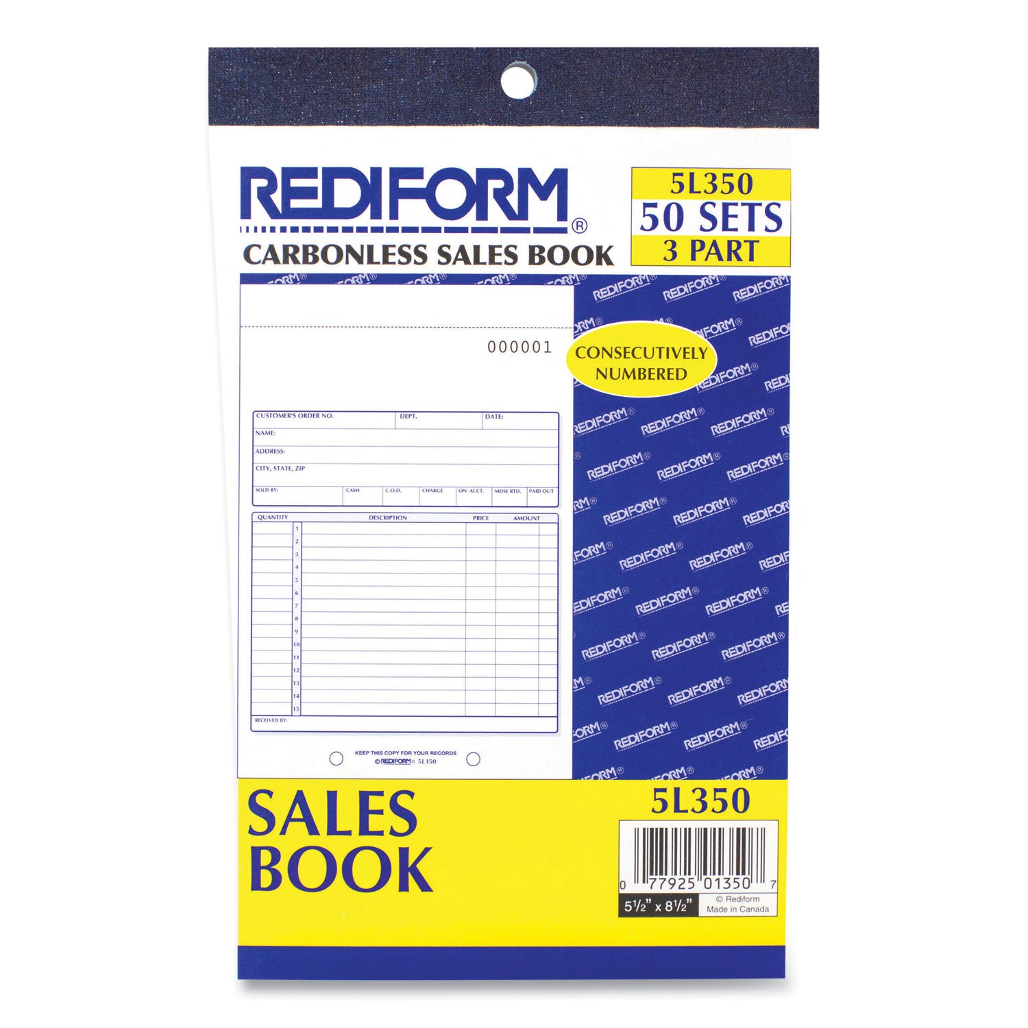 Sales Book, 15 Lines, Three-Part Carbonless, 5.5 x 7.88, 50 Forms Total -