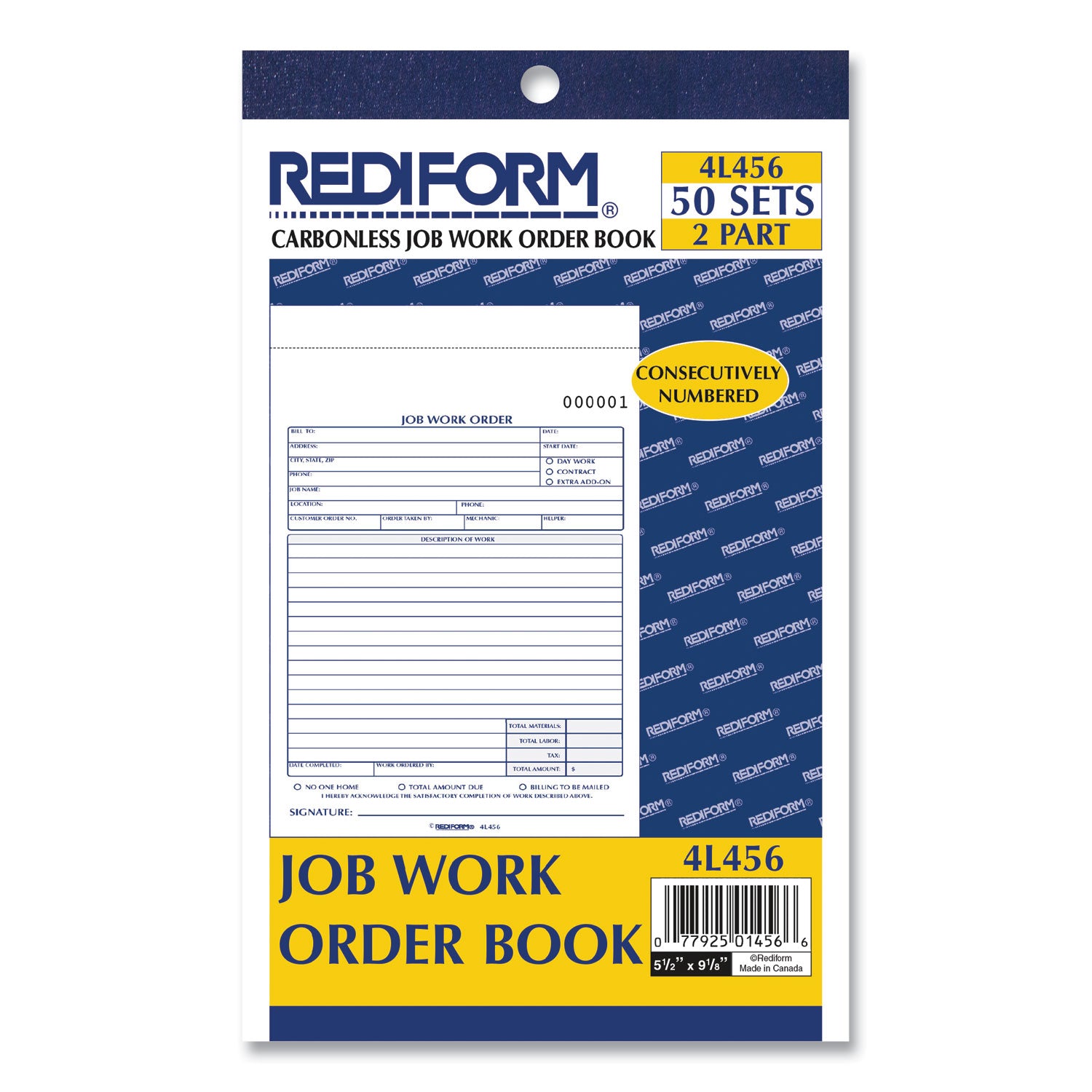 Job Work Order Book, Two-Part Carbonless, 5.5 x 8.5, 50 Forms Total -