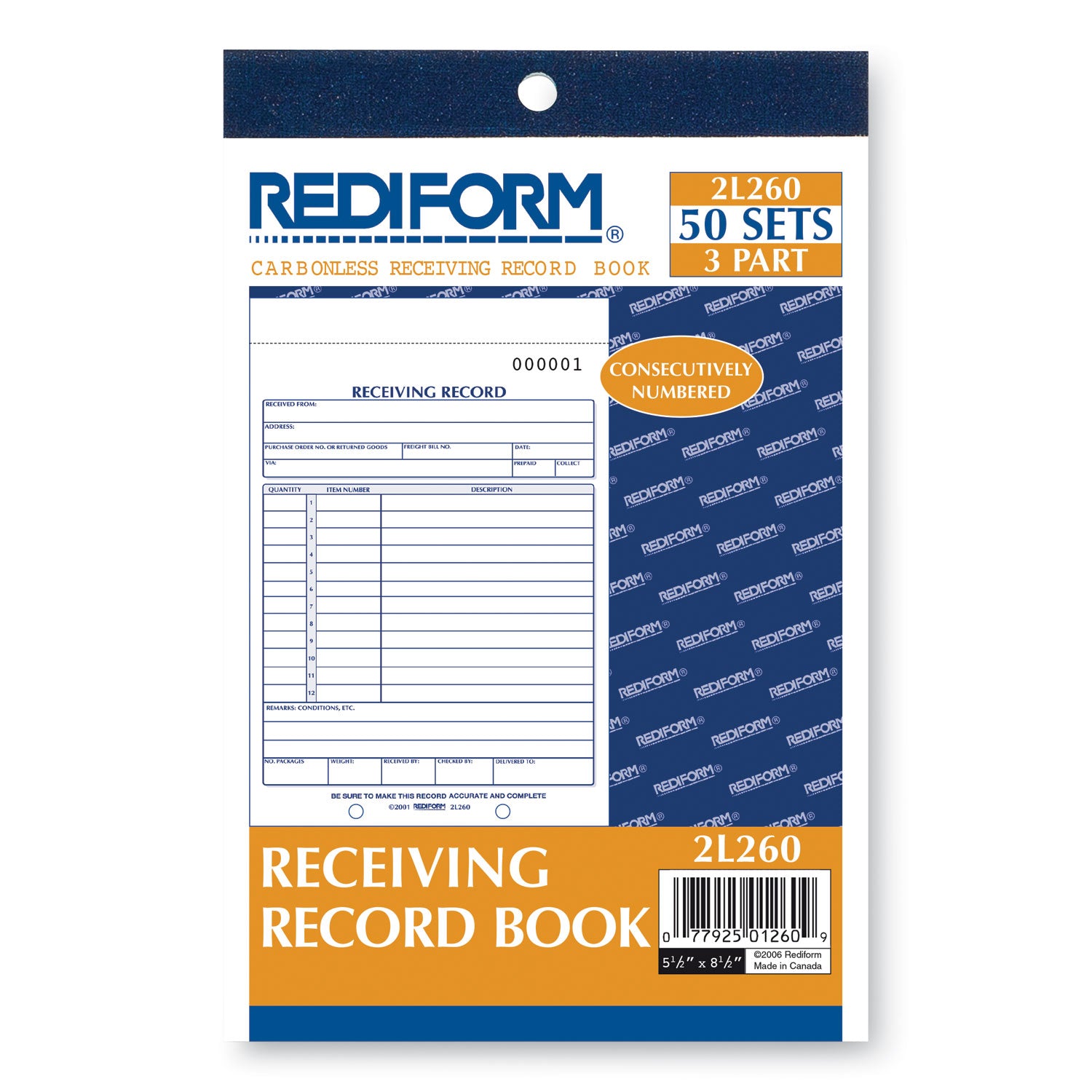 Receiving Record Book, Three-Part Carbonless, 5.56 x 7.94, 50 Forms Total -
