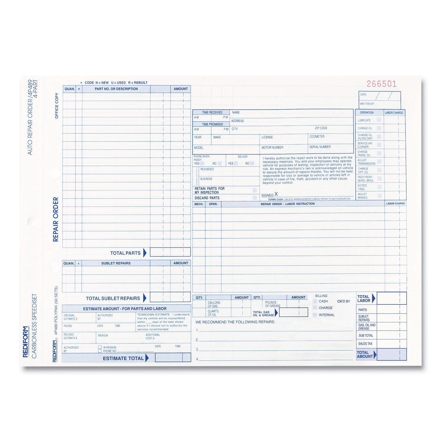 Speediset Four-Part Auto Repair Form, Four-Part Carbonless, 11 x 8.5, 50 Forms Total -