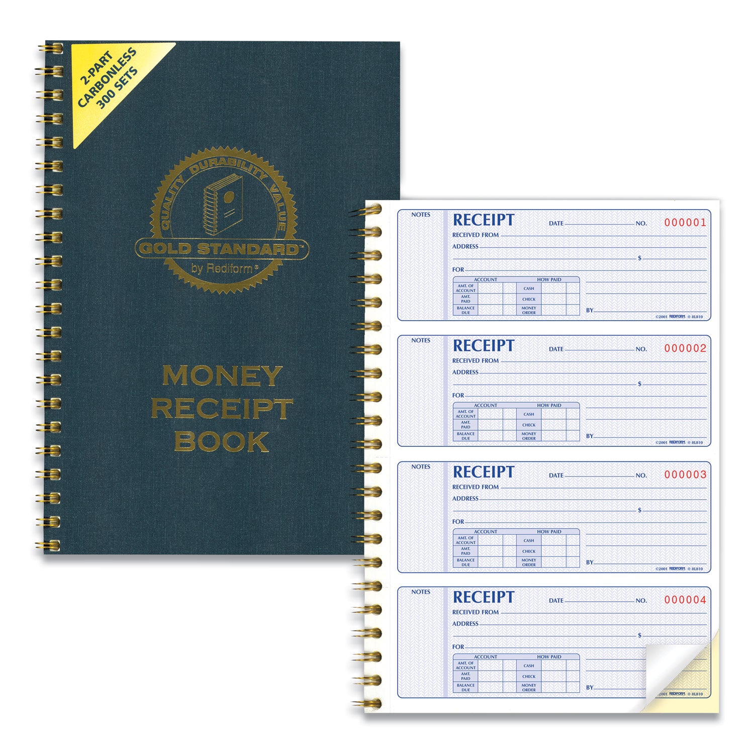 Gold Standard Money Receipt Book, Two-Part Carbonless, 7 x 2.75, 4 Forms/Sheet, 300 Forms Total -